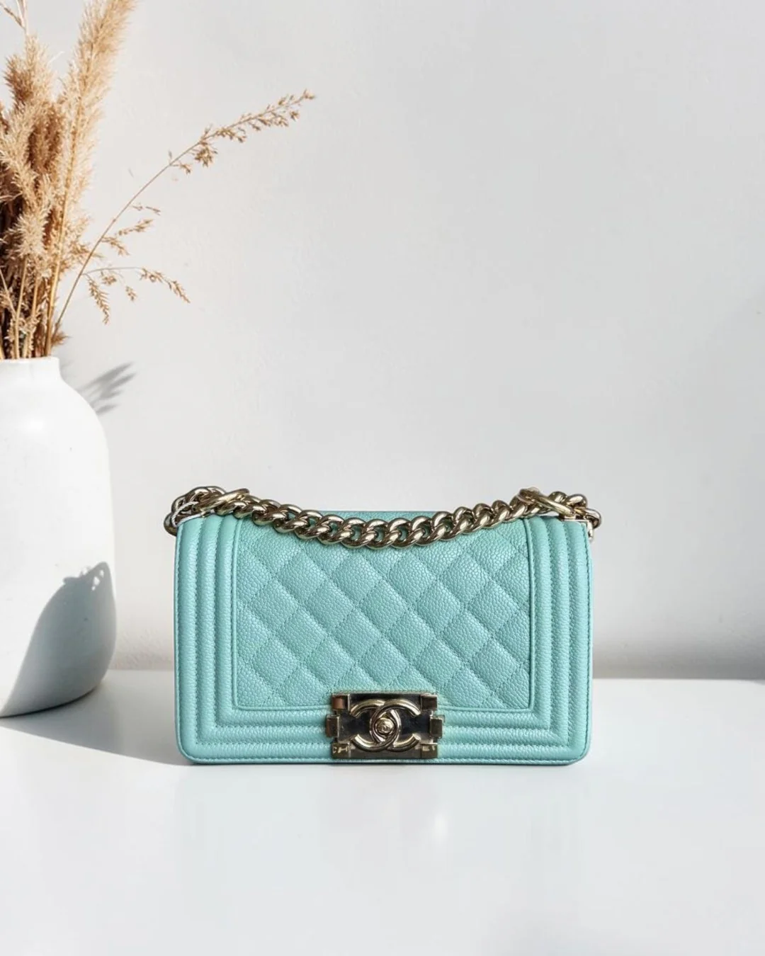 Chanel Boy Small - Caviar 20CM Quilted Tiffany Blue Gold Hardware Series 28