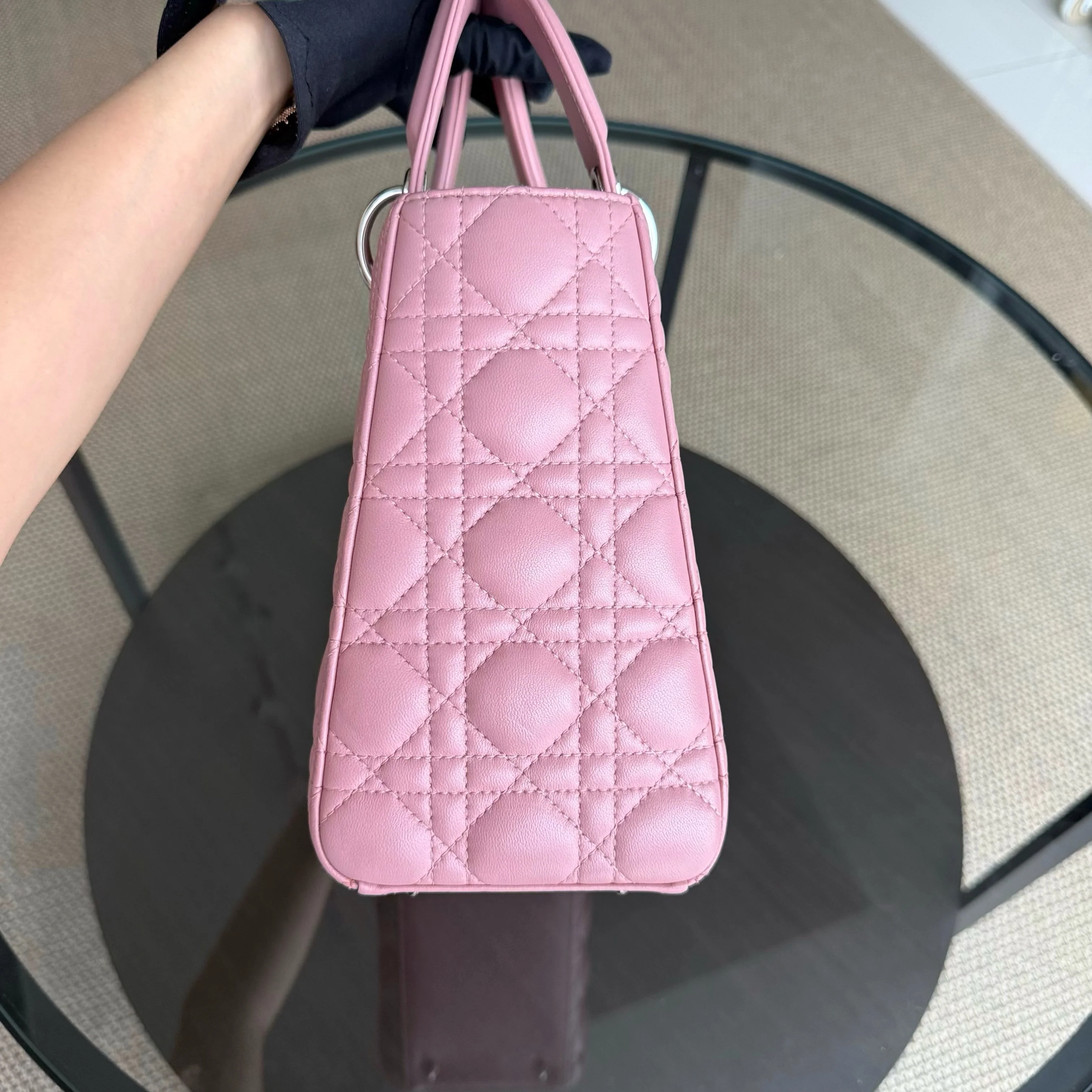 Dior Lady Medium Cannage Lambskin Pink Silver Hardware