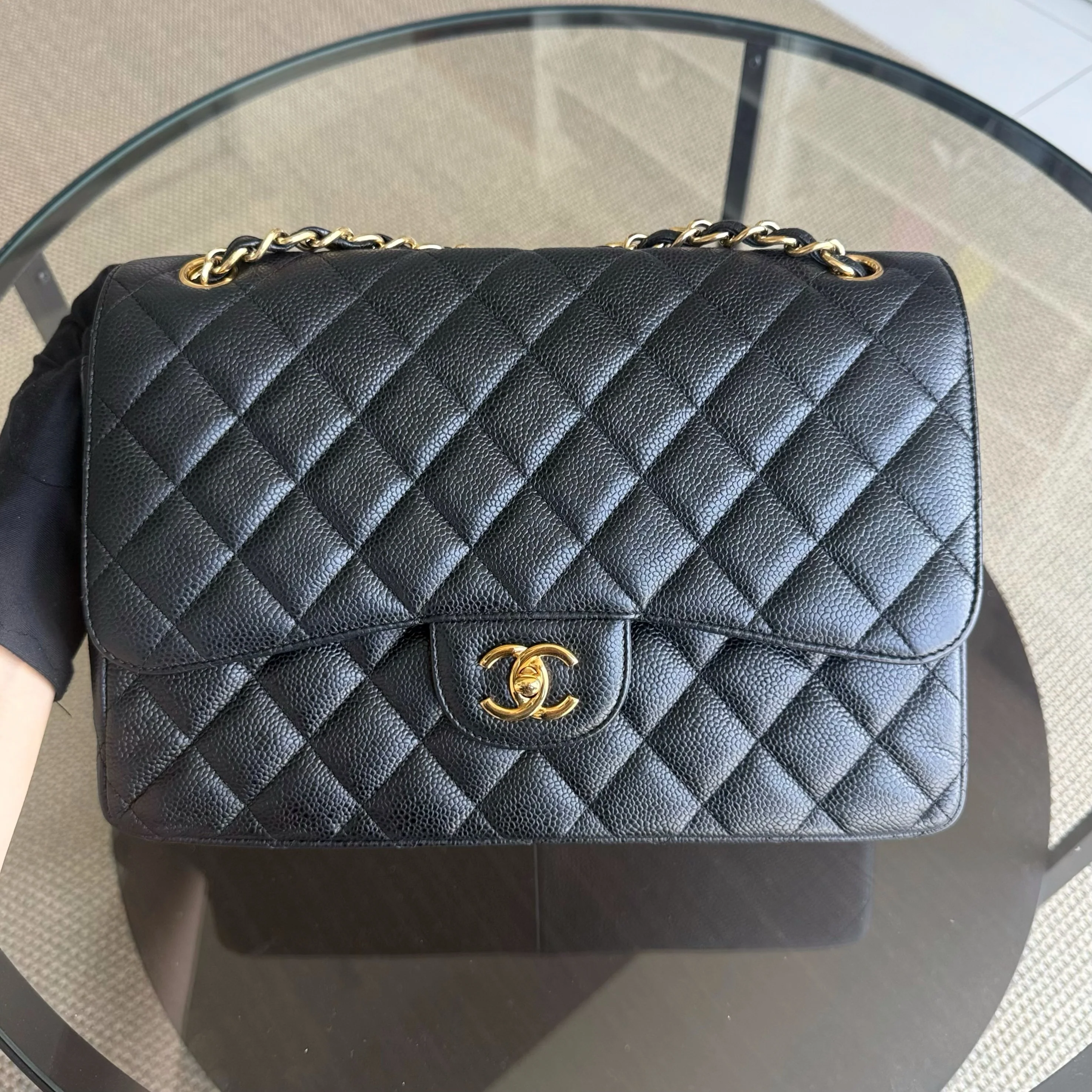 Chanel Classic Flap Jumbo - Caviar 30CM Double Flap Quilted Grained Calfskin Black Gold Hardware Series 16