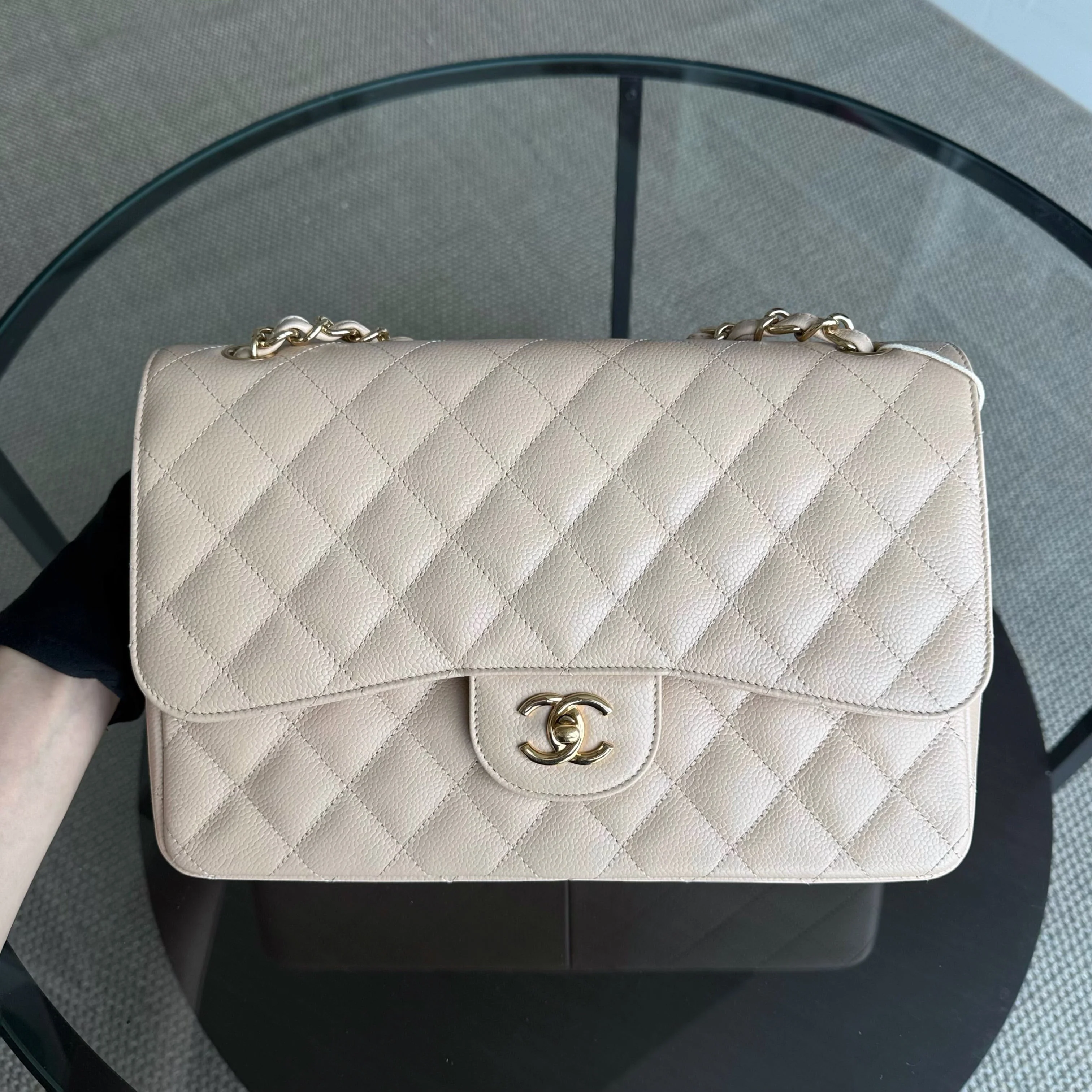 Chanel Classic Flap Jumbo - Caviar Quilted Double Flap Light Beige Gold Hardware
