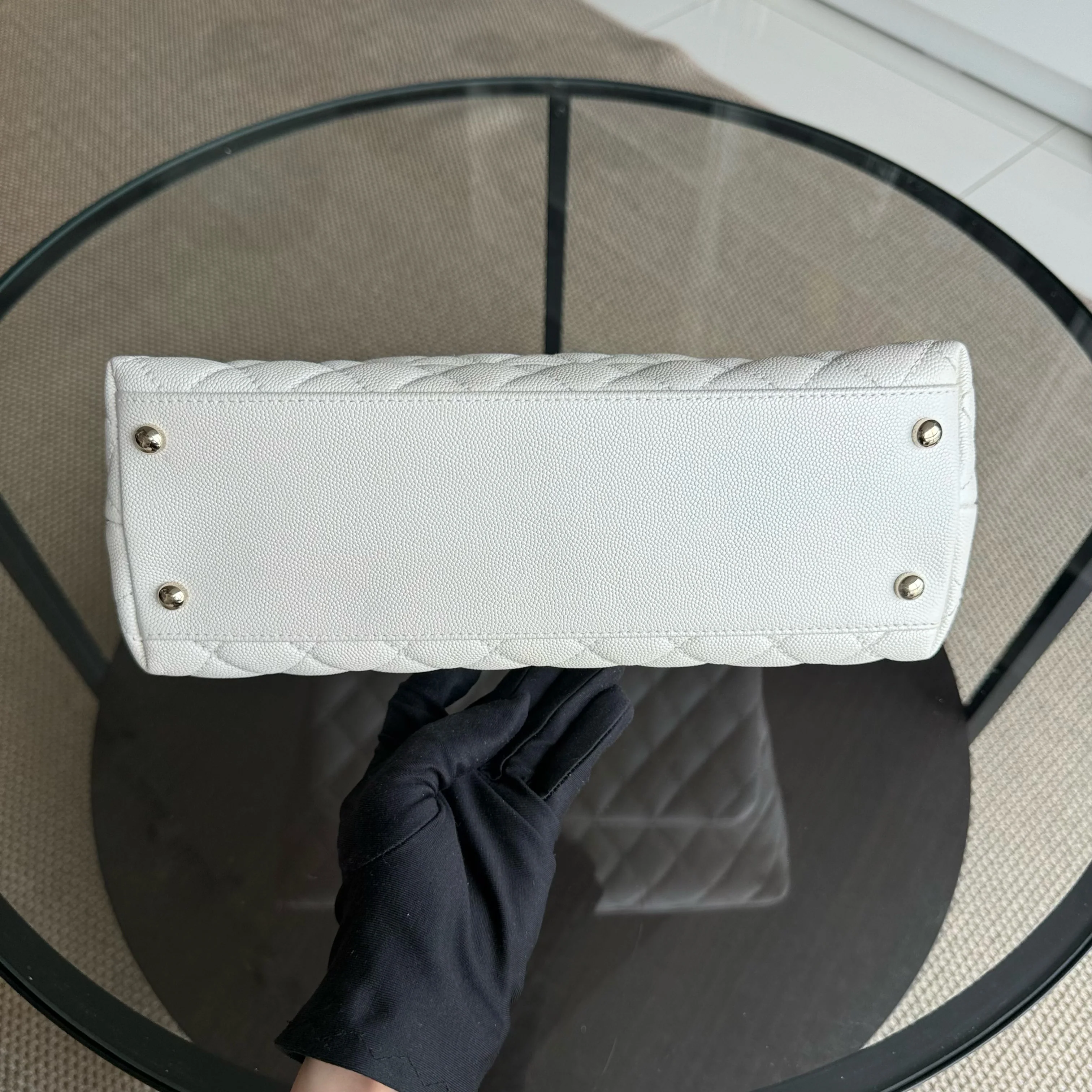 Chanel Coco Handle Medium - Caviar 29CM Quilted Irridescent Pearl White Gold Hardware Series 30