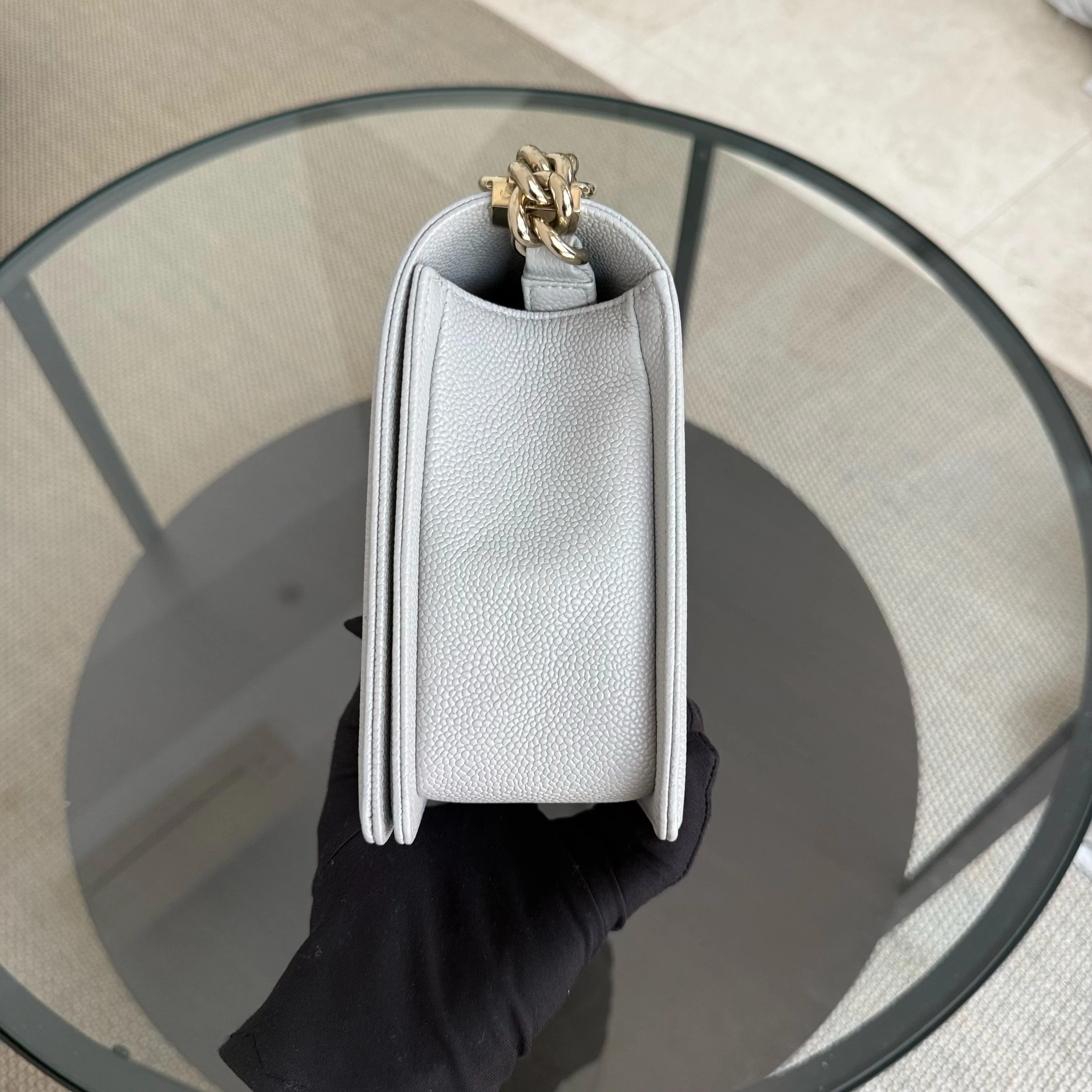 Chanel Boy New Medium - 28CM Quilted Caviar Grey Gray Gold Hardware Series 28