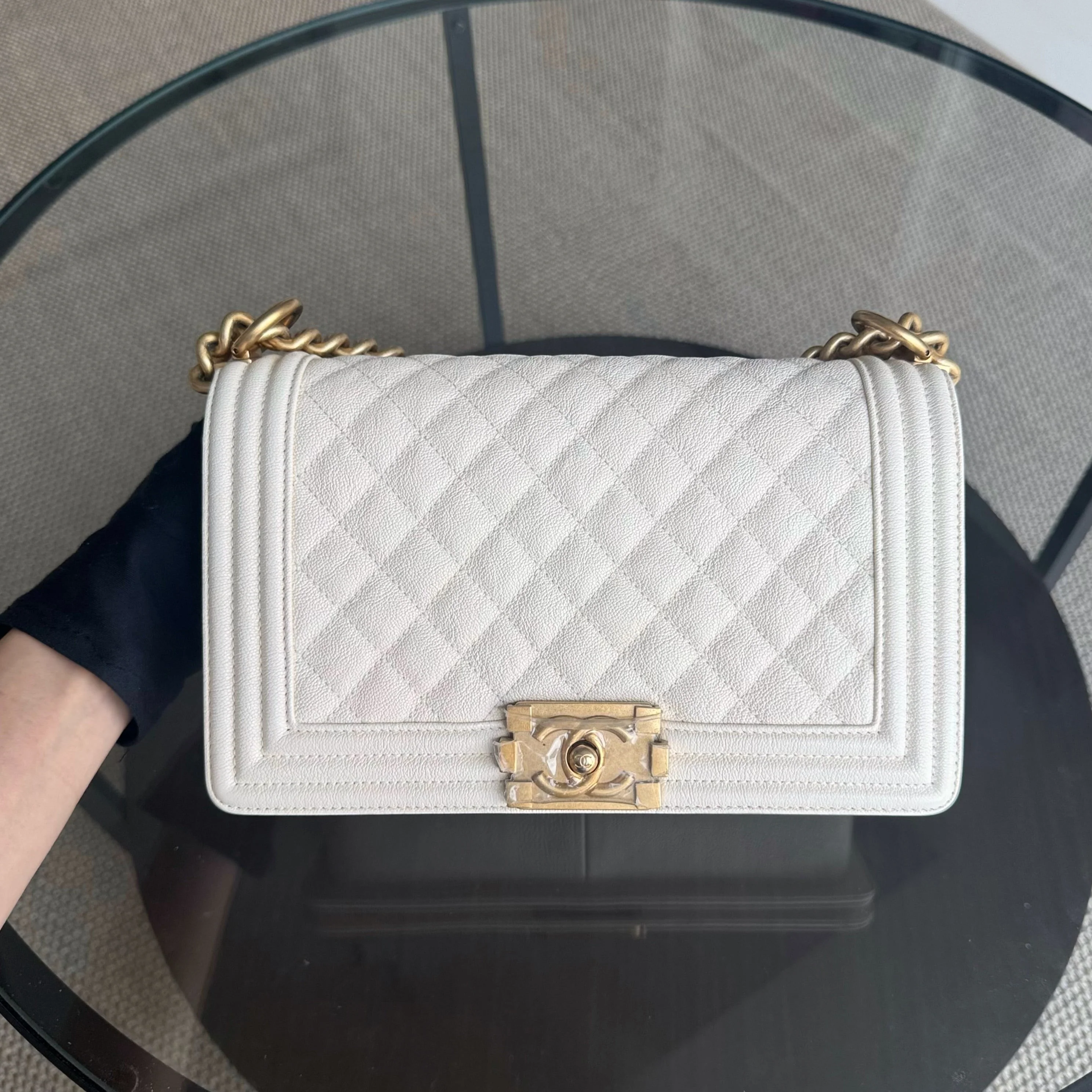 Chanel Boy Medium - Caviar 25CM Cream White Aged Gold Hardware Series 26
