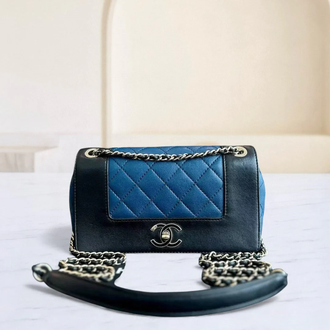 Chanel Seasonal Flap - Mademoiselle Small 23CM Calfskin Two-Tone Black Blue Golden Hardware Series 23