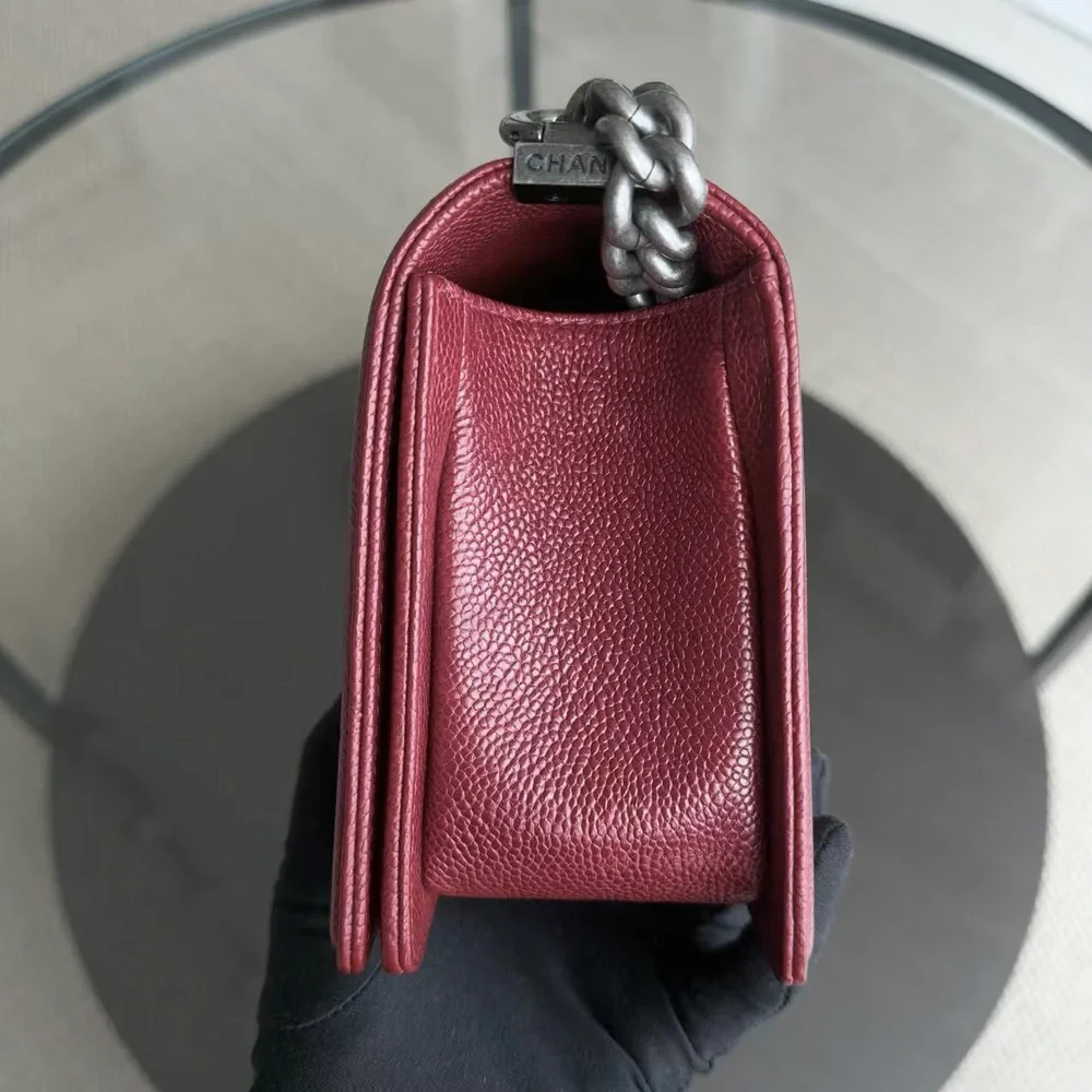 Chanel Boy Medium - Caviar 25CM Quilted Burgundy Dark Red Ruthenium Silver Hardware Series 19