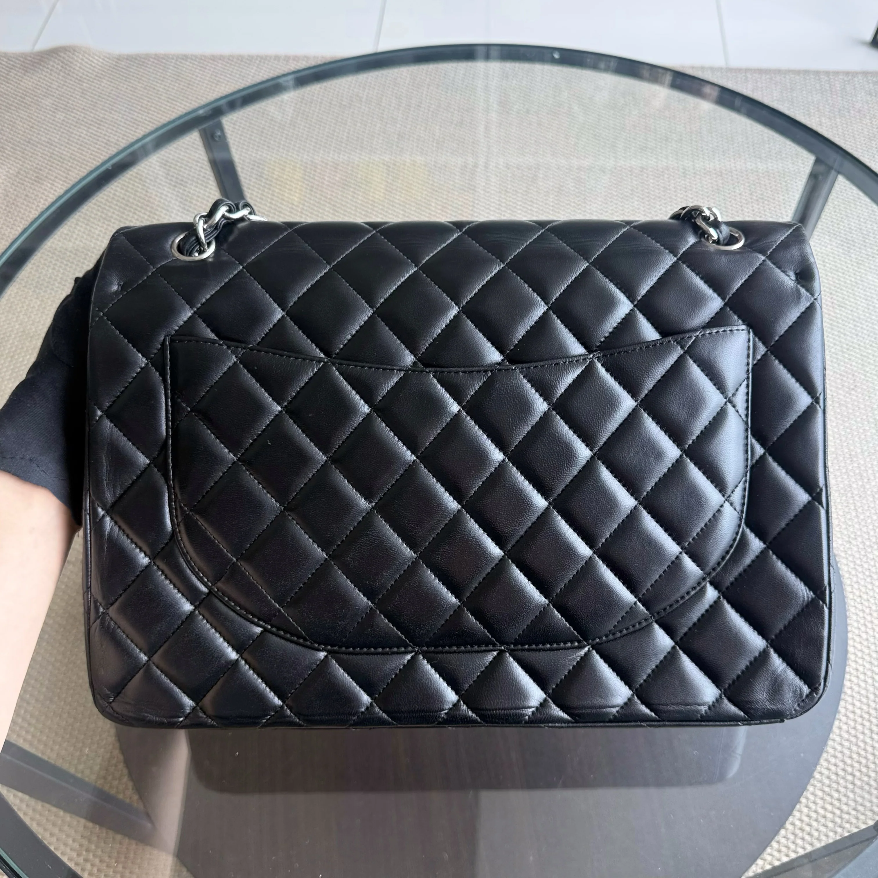 Chanel Classic Flap Maxi - 33CM Quilted Single Flap Lambskin Black Silver Hardware Series 13