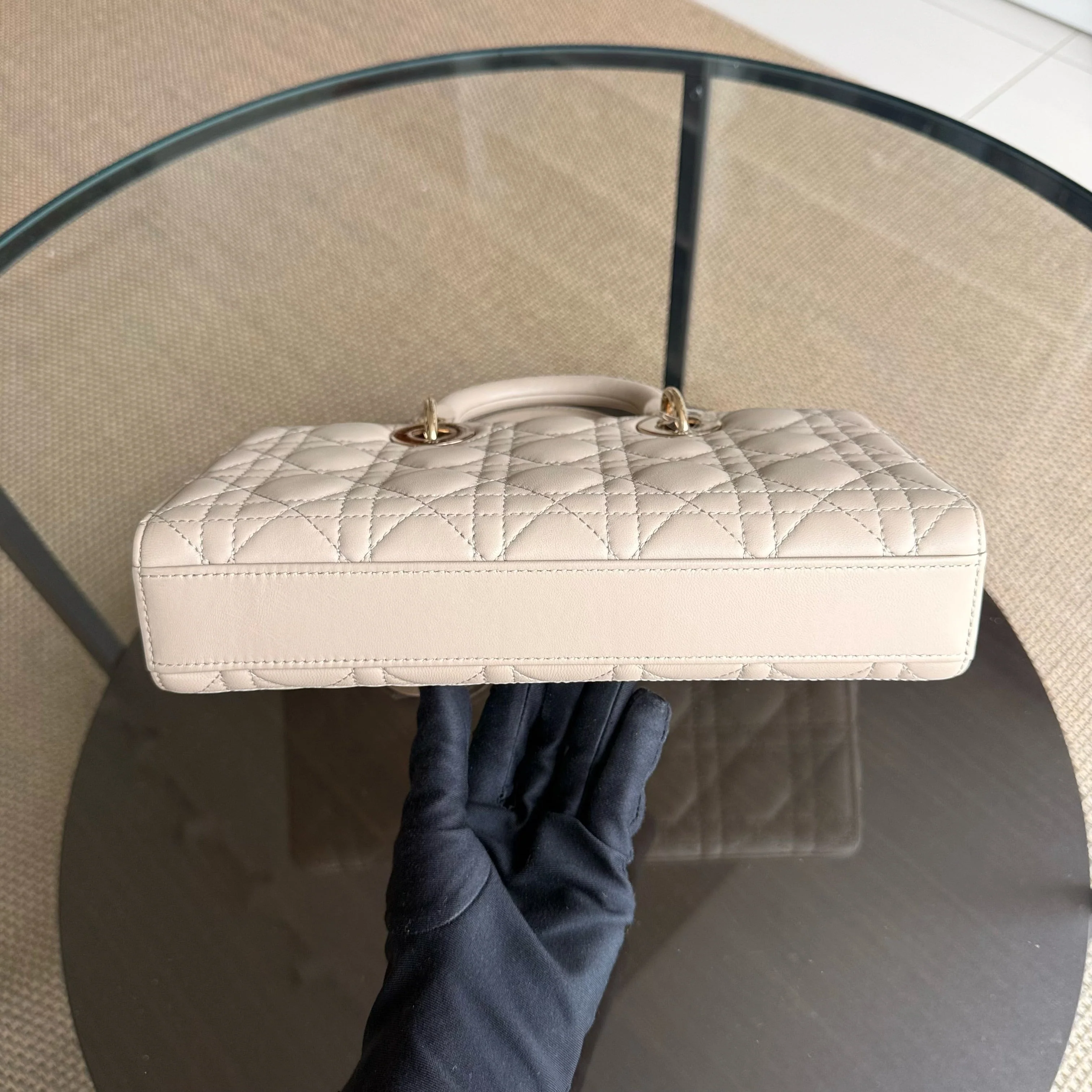 Dior D-Joy Medium Cannage Lambskin Beige Golden Hardware Shoulder Bag