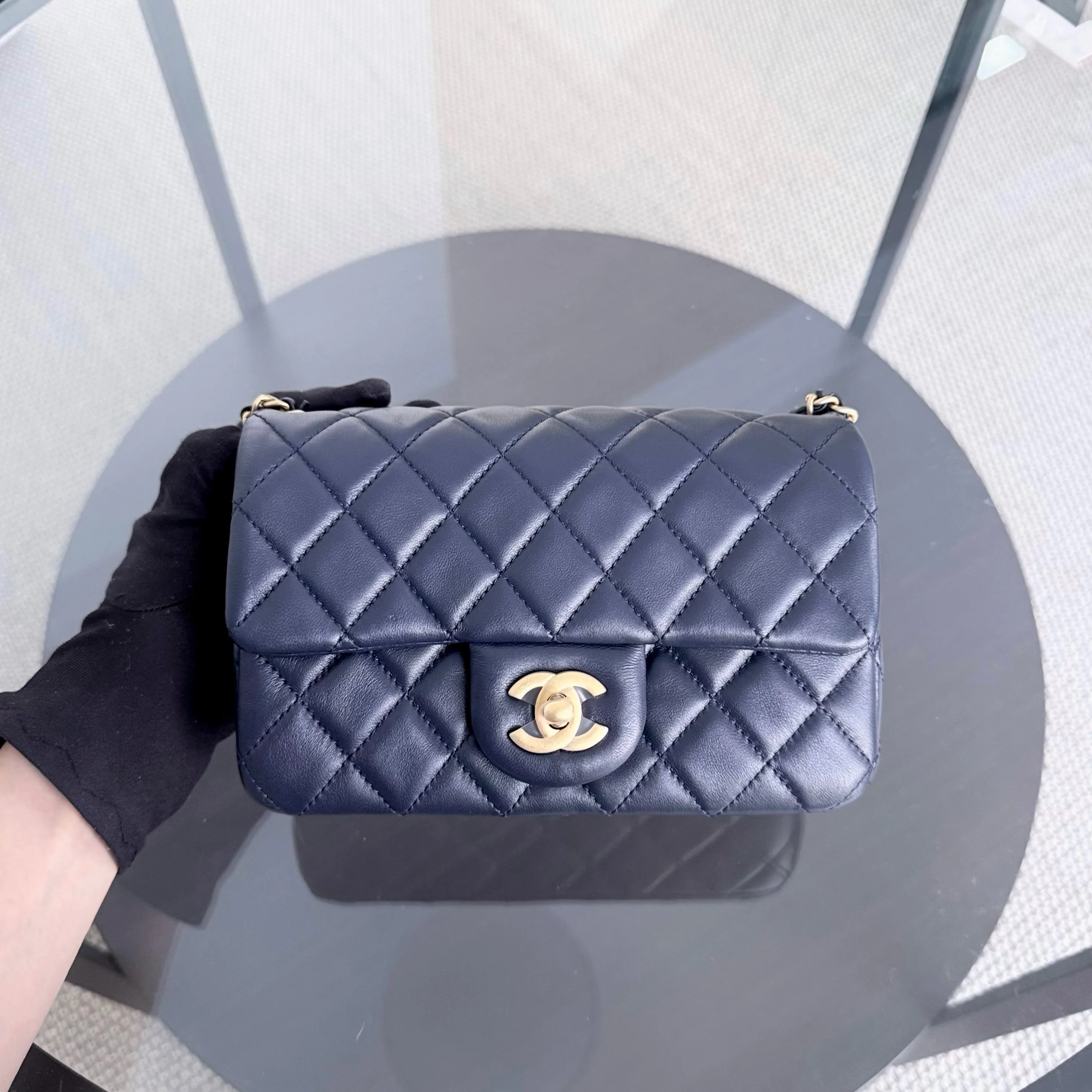 Chanel Classic Flap Mini - 20CM Rectangle Pearl Crush Quilted Lambskin Dark Blue Gold Hardware Series 30