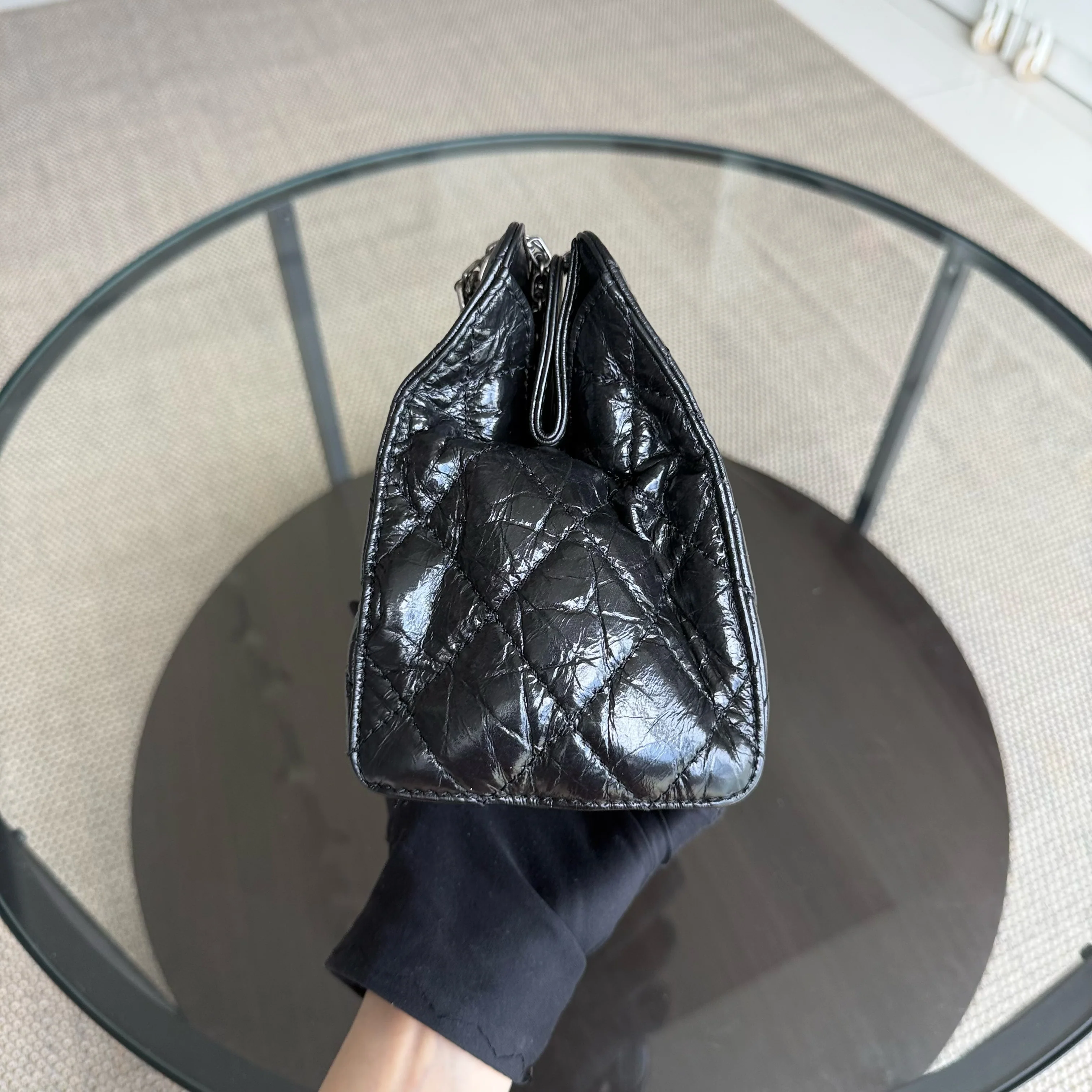 Chanel 2.55 Small Shopping Tote - Quilted Black Glazed Calfskin Silver Hardware Series 20