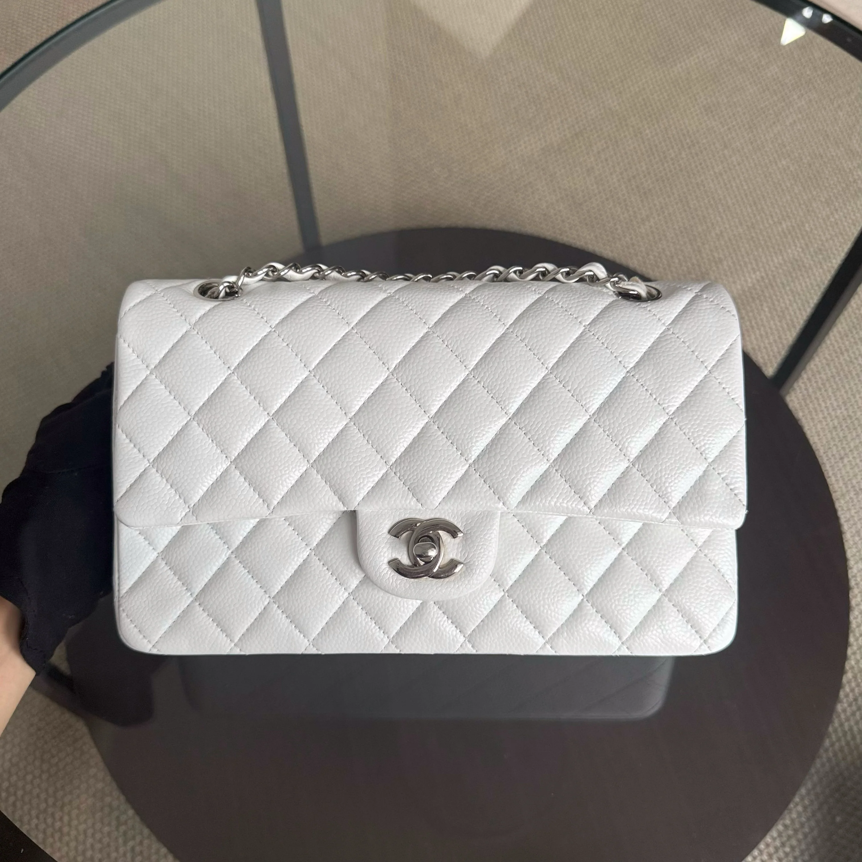 Chanel Classic Flap Medium - Caviar Quilted White Silver Hardware Series 18