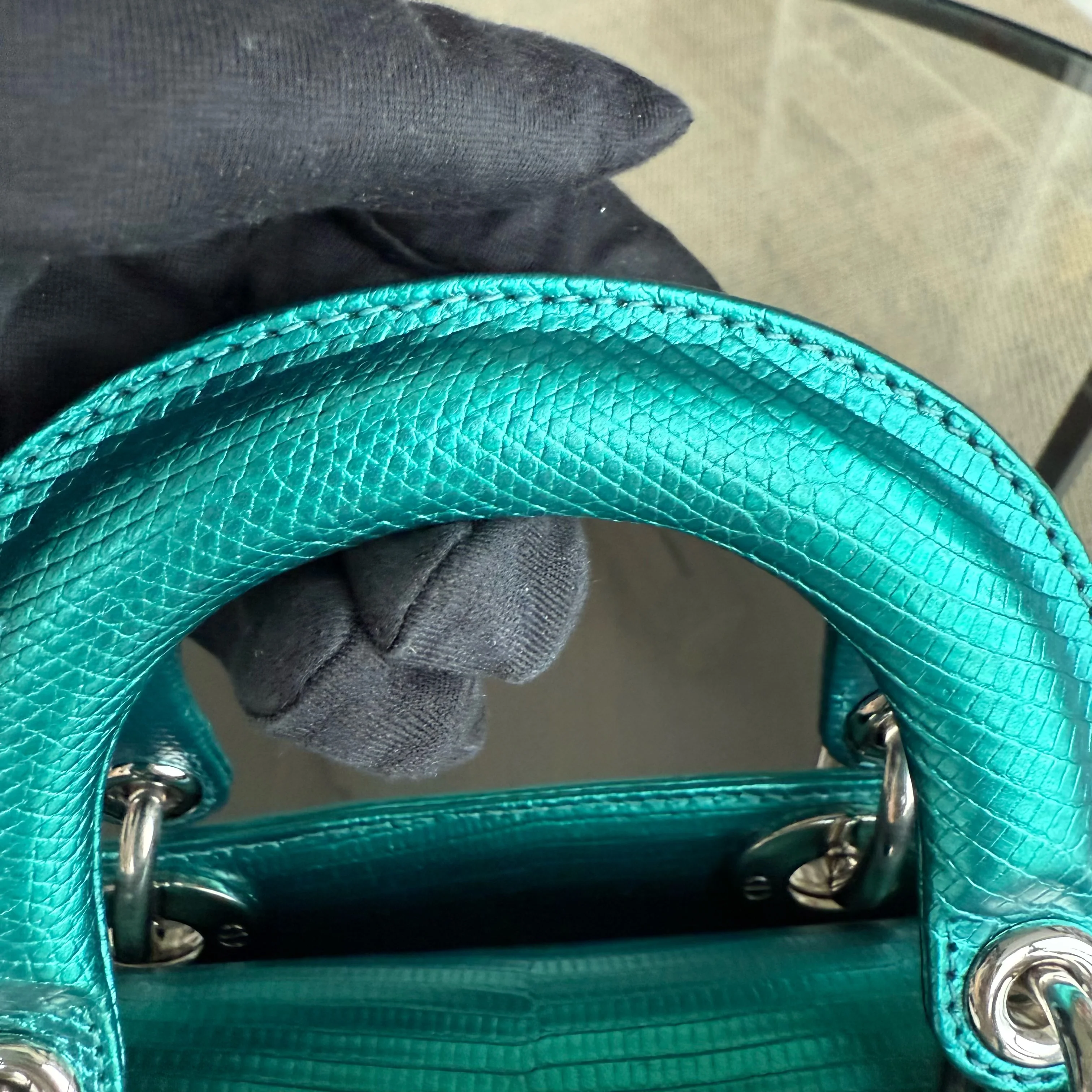 Dior Lady Mini - Exotic Lizard Green color Silver Hardware