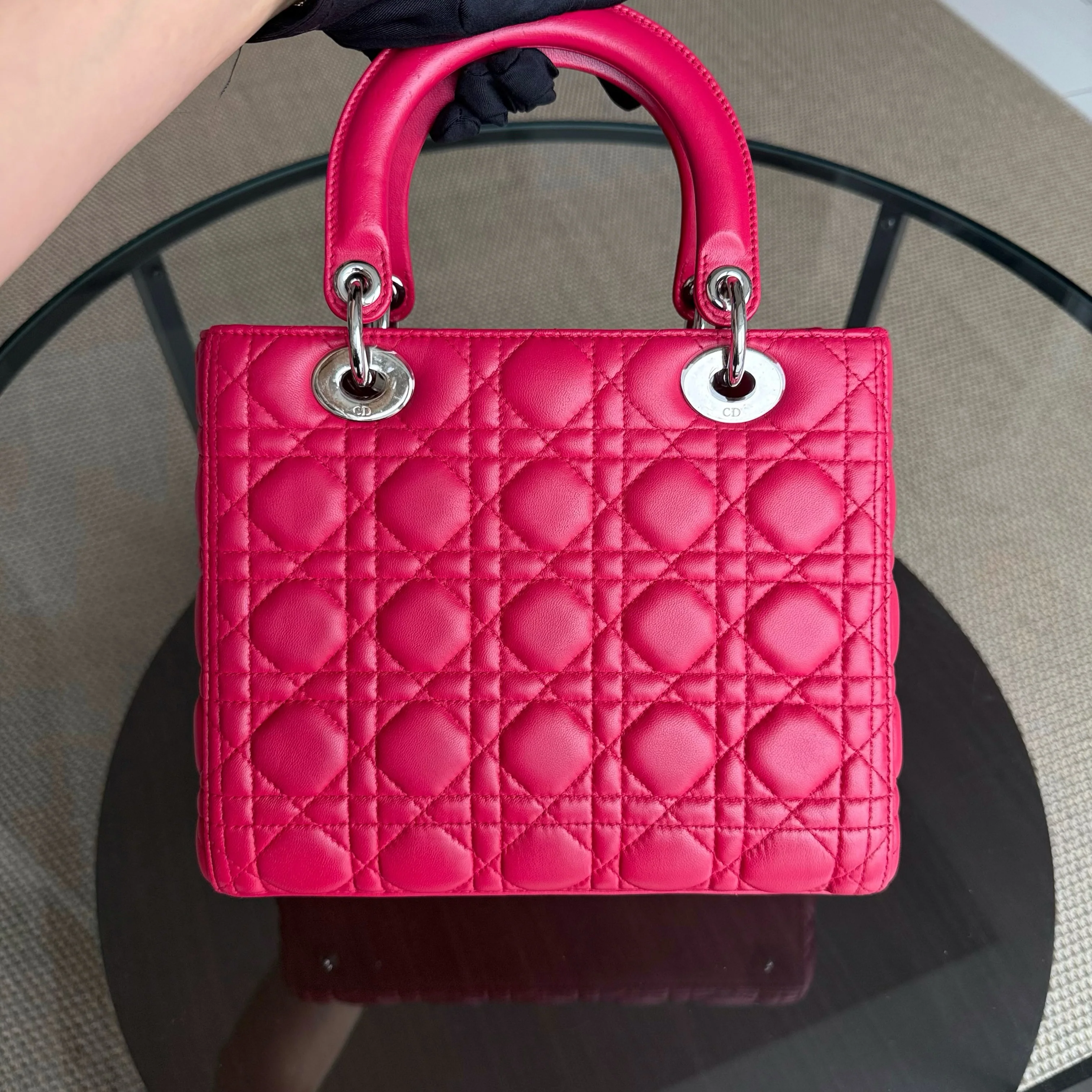Dior Lady Medium - Cannage Lambskin Red Silver Hardware