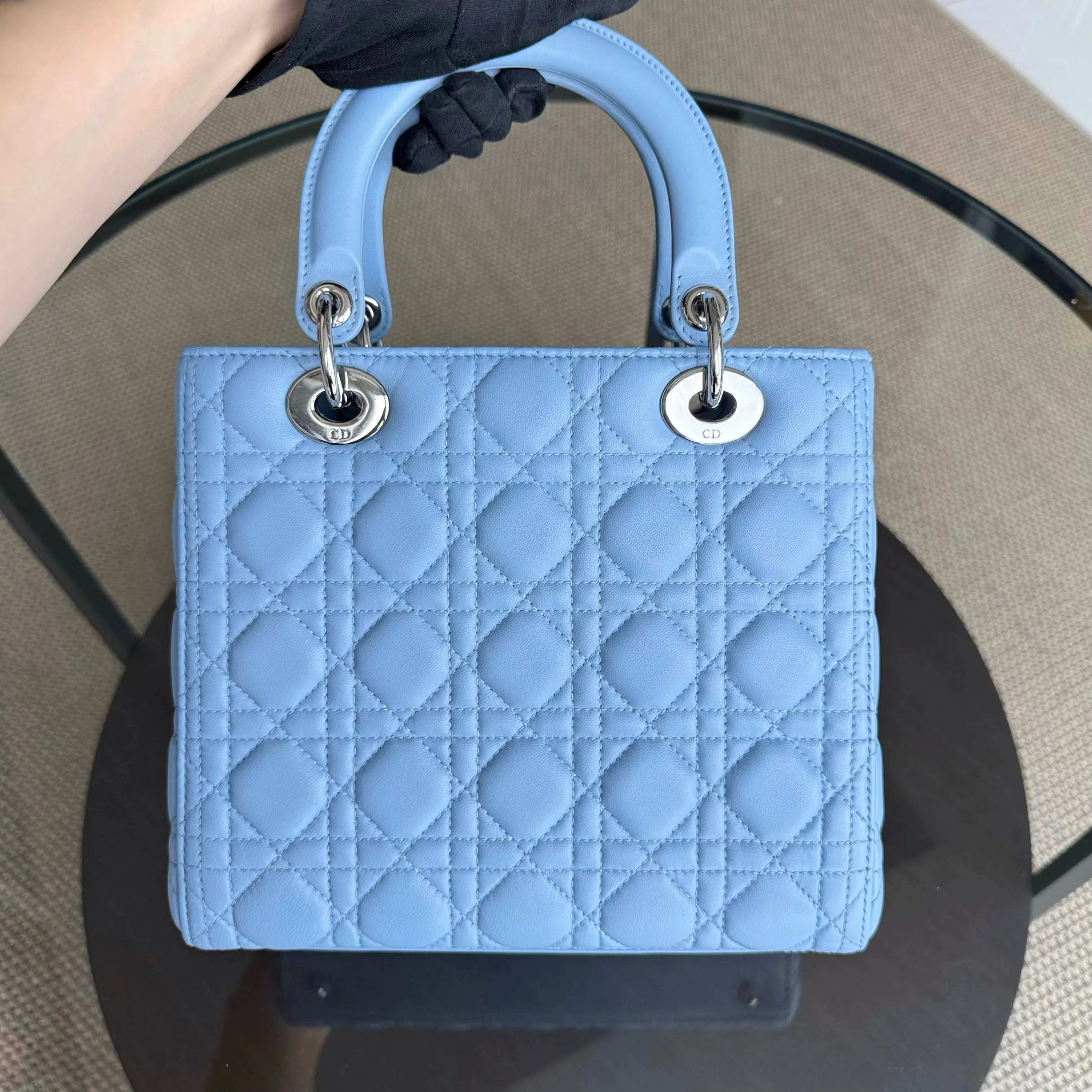 Dior Lady Medium Cannage Lambskin Light Baby Blue Silver Hardware