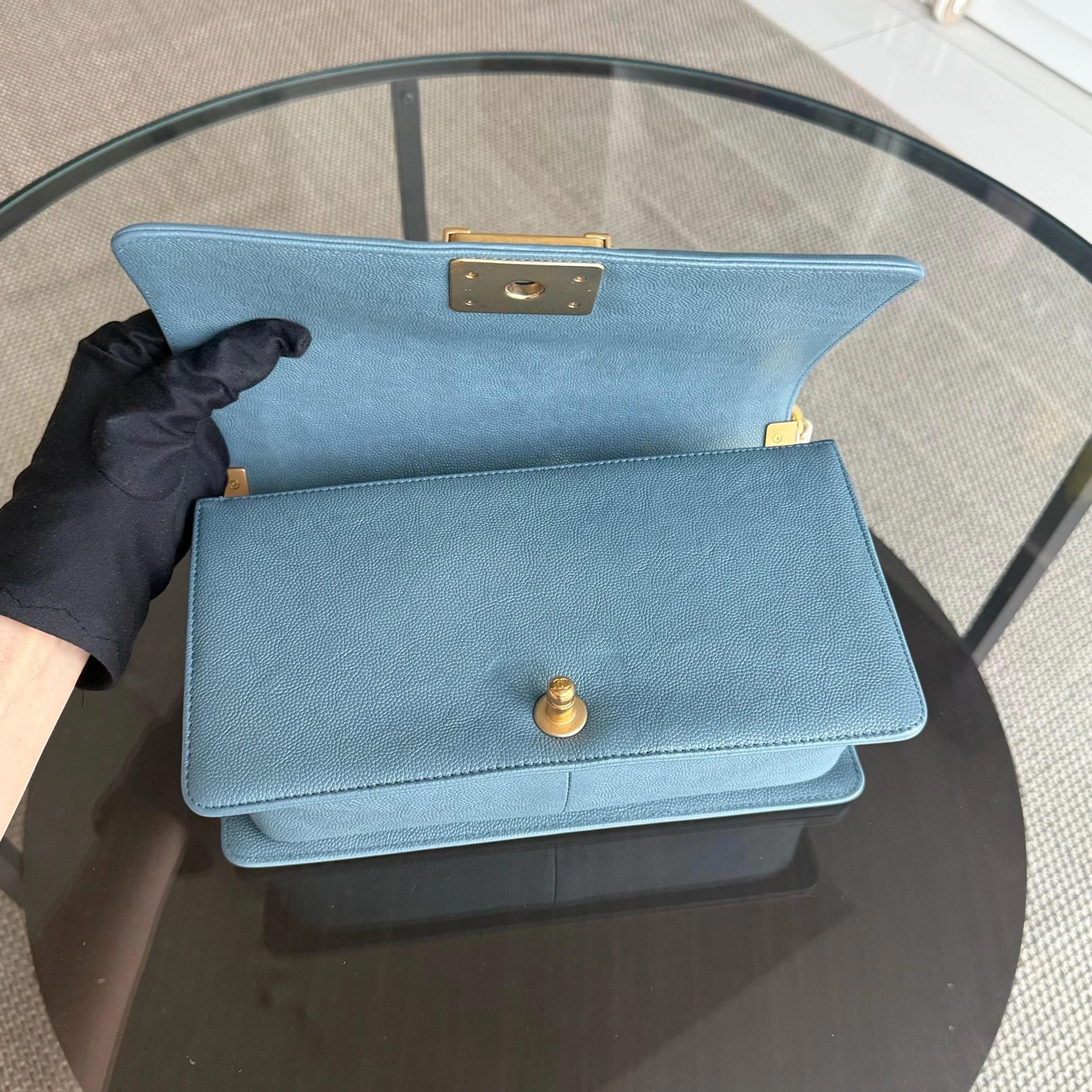 Chanel Boy Medium - Caviar 25CM Quilted Blue Gold Hardware 25