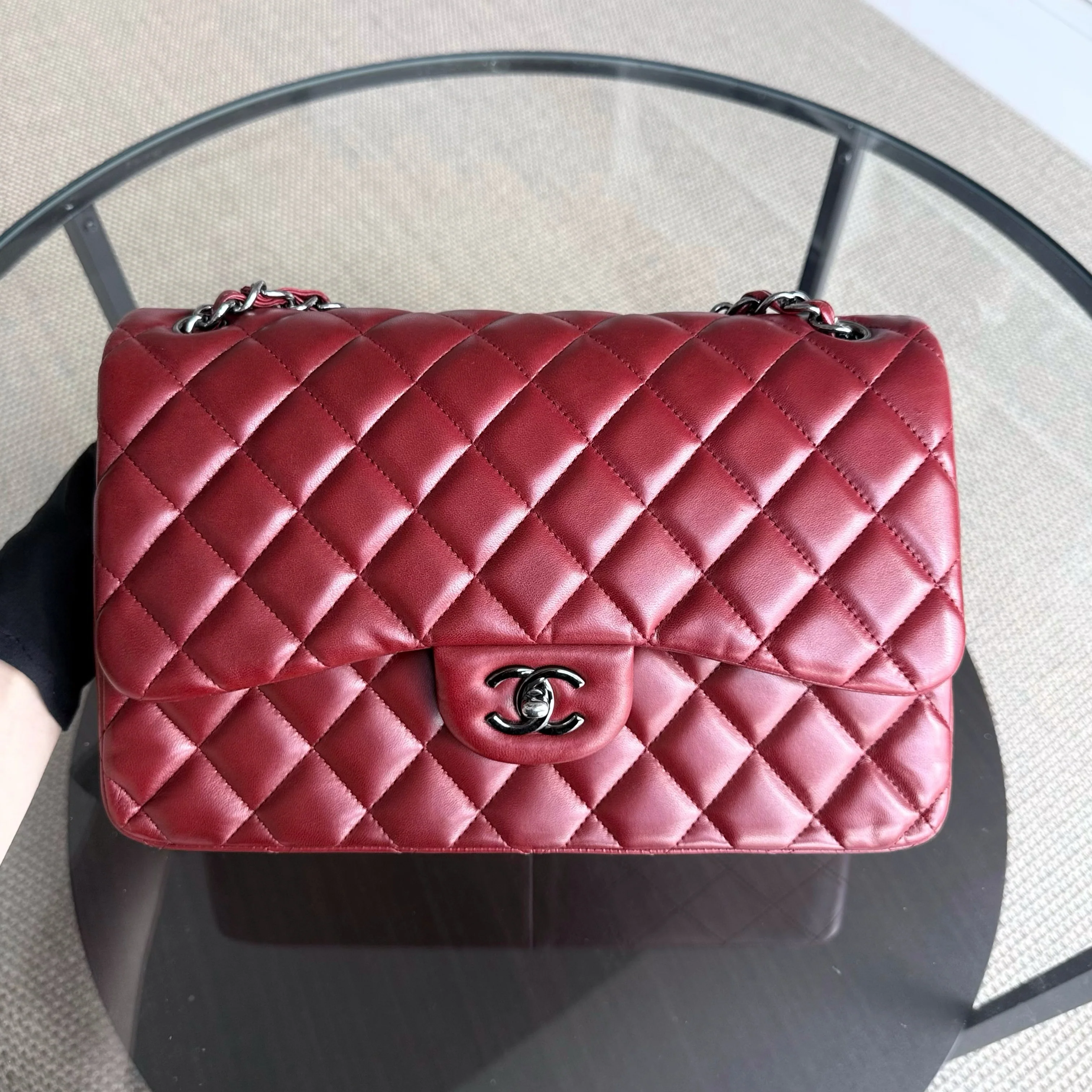 Chanel Classic Flap Jumbo - Double Flap 30CM Quilted Lambskin Dark Red Silver Hardware Series 15