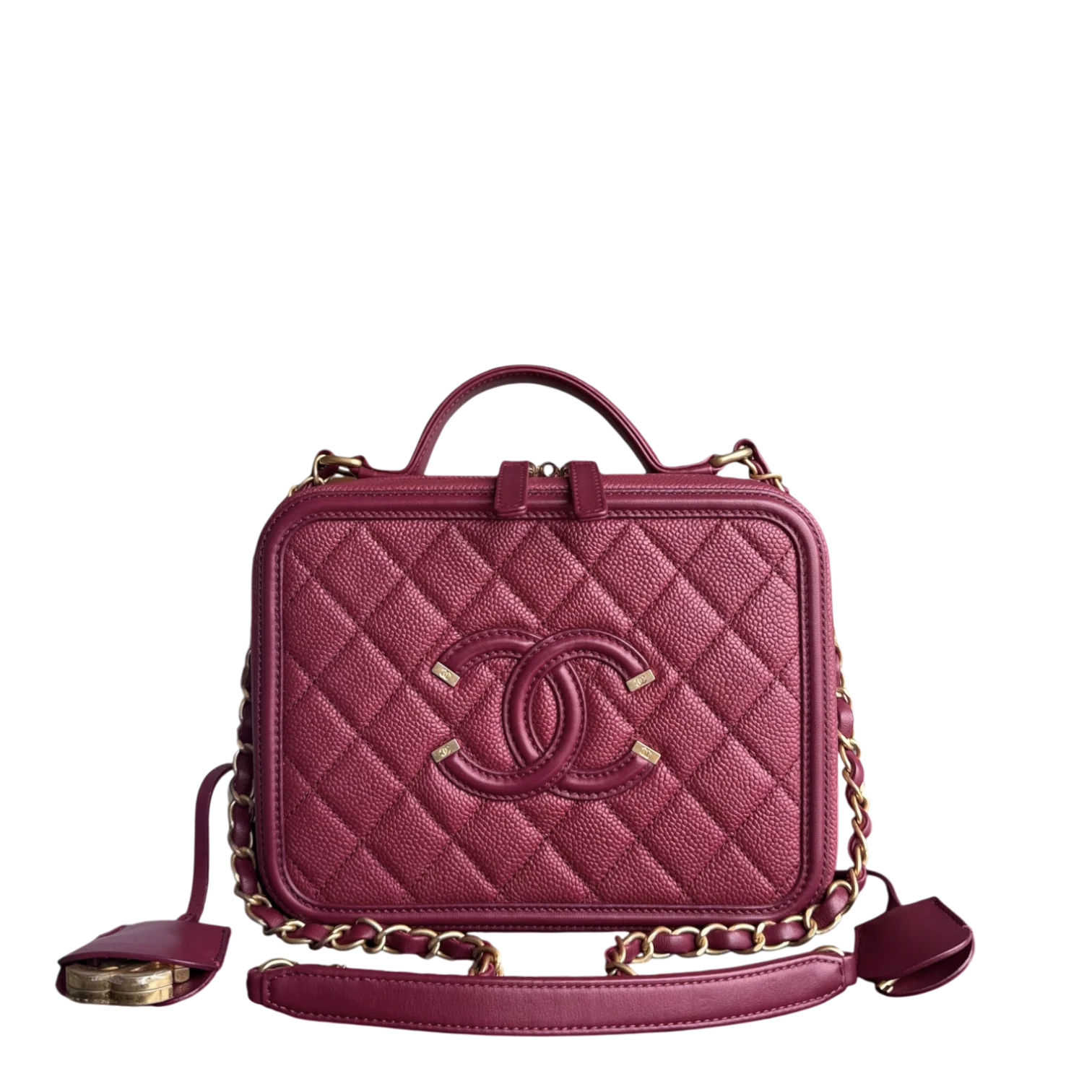 Chanel Filigree Vanity Case Medium - Caviar 21CM Dark Pink Gold Hardware Series 26