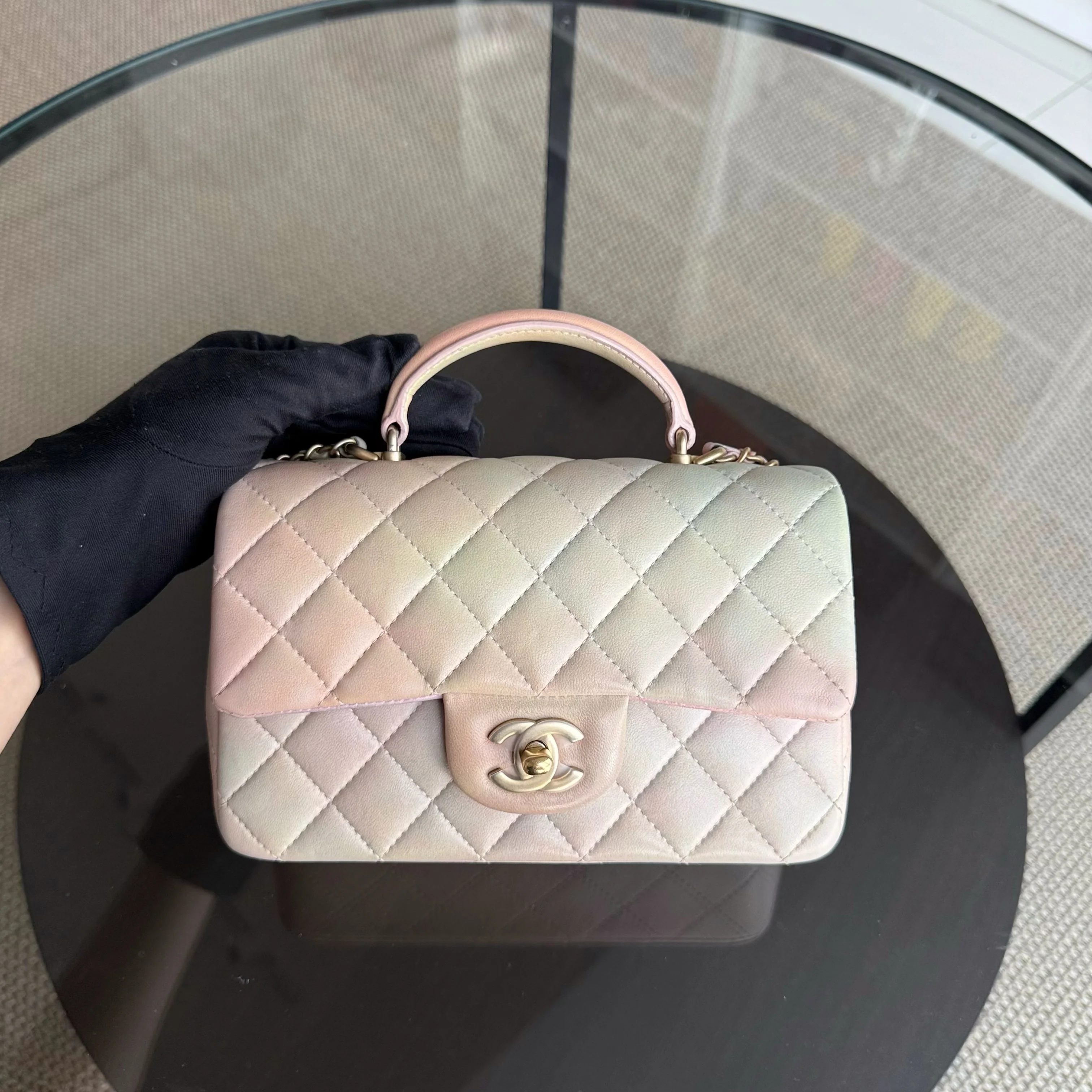 Chanel Classic Flap Mini Top Handle -Quilted Lambskin Ombre Rainbow Gold Hardware Microchip