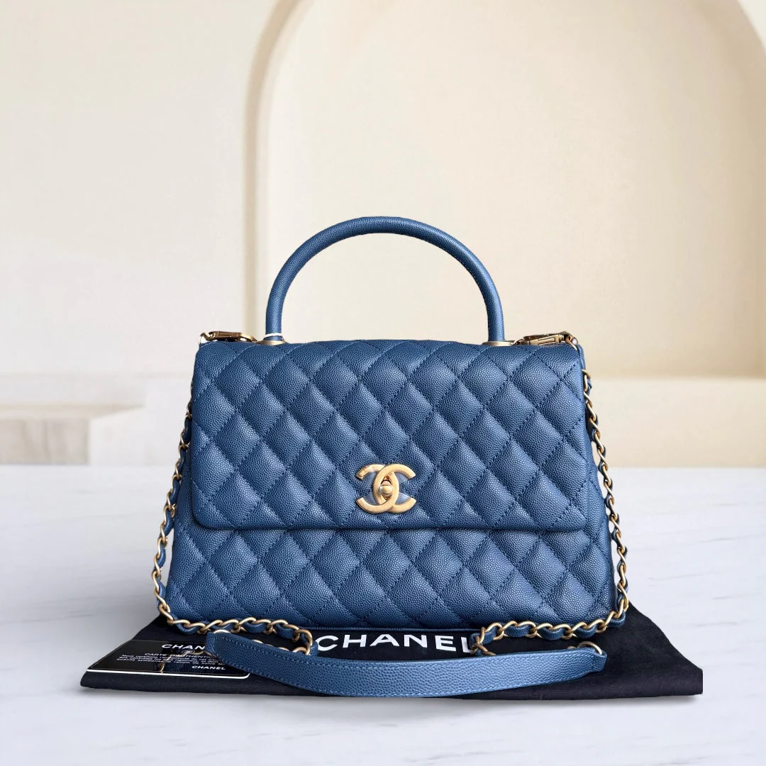 Chanel Coco Handle Medium - Caviar 29CM Quilted Blue Gold Hardware Series 24