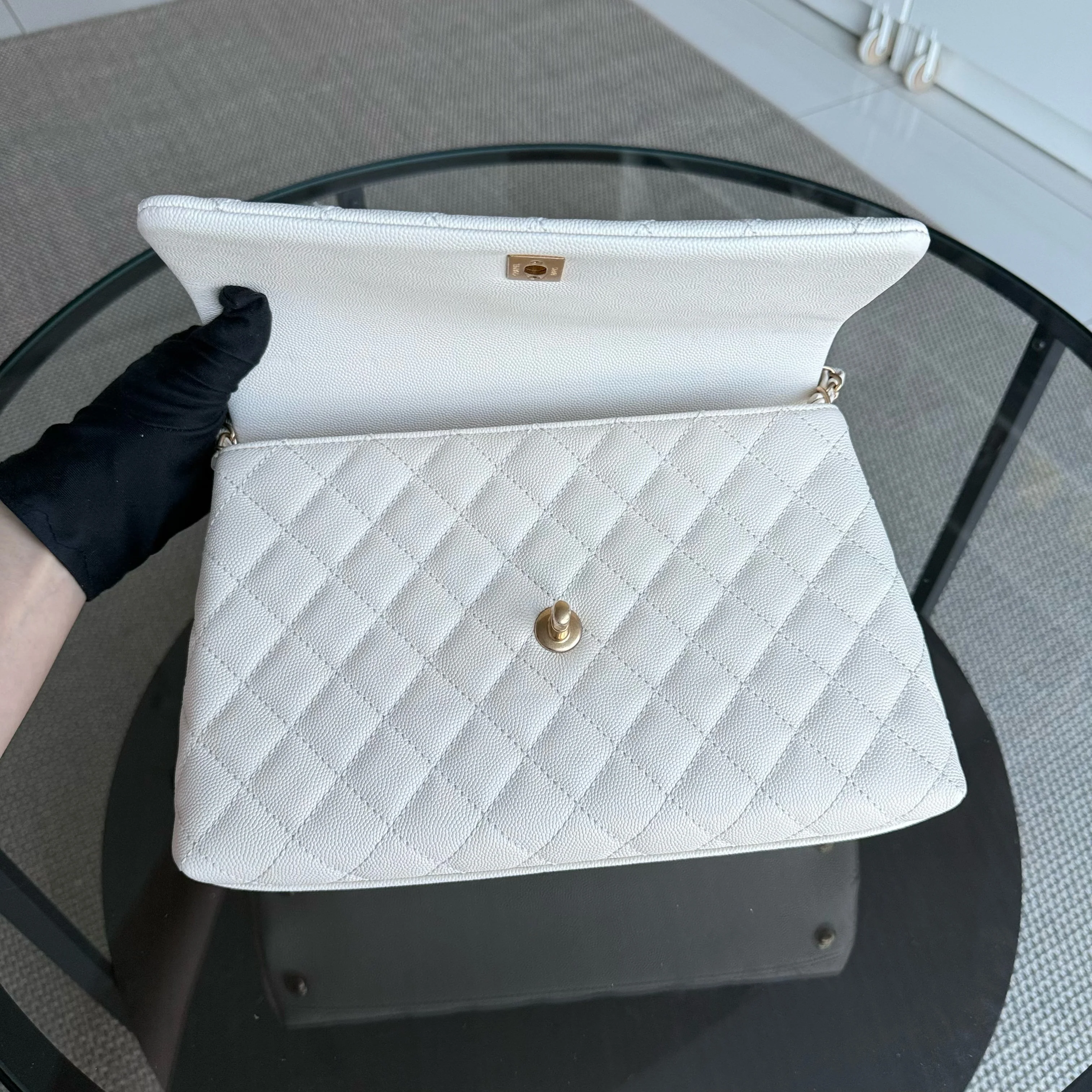 Chanel Coco Handle Medium - Caviar Quilted Lizard Handle White Gold Hardward 24