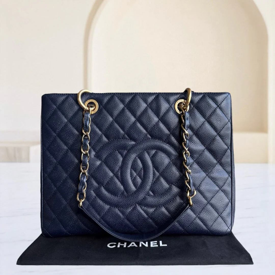 Chanel GST Grand Shopping Tote - Caviar Quilted Grained Calfskin Dark Navy Blue Gold Hardware Series 19