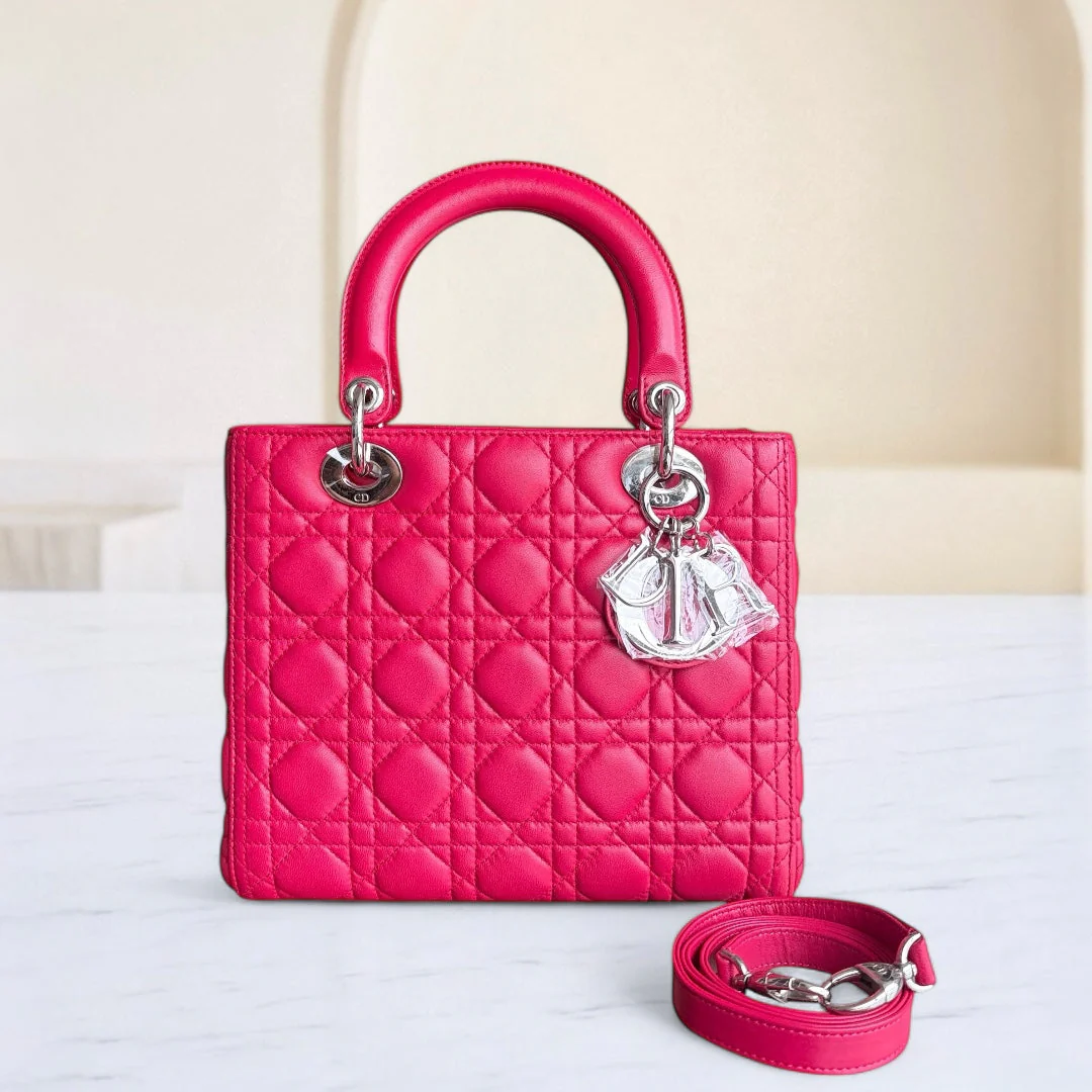 Dior Lady Medium - Cannage Lambskin Red Silver Hardware