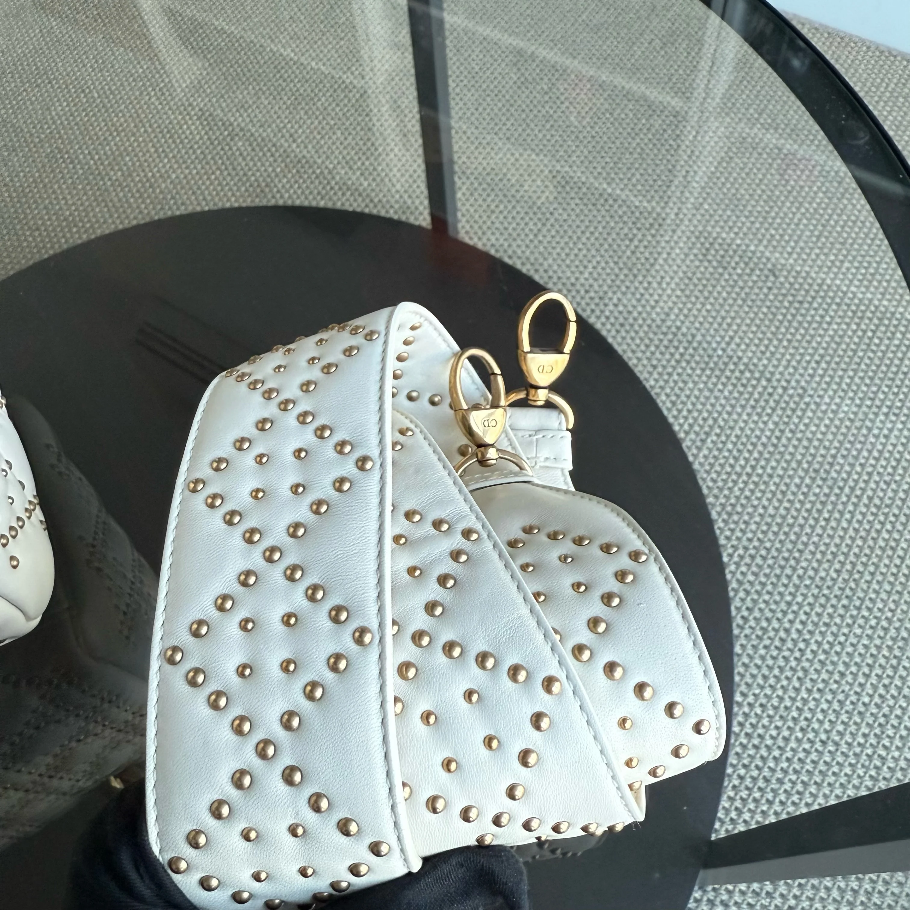 Dior Lady Medium - Cannage Calfskin Studded White Gold Hardware Zip Version