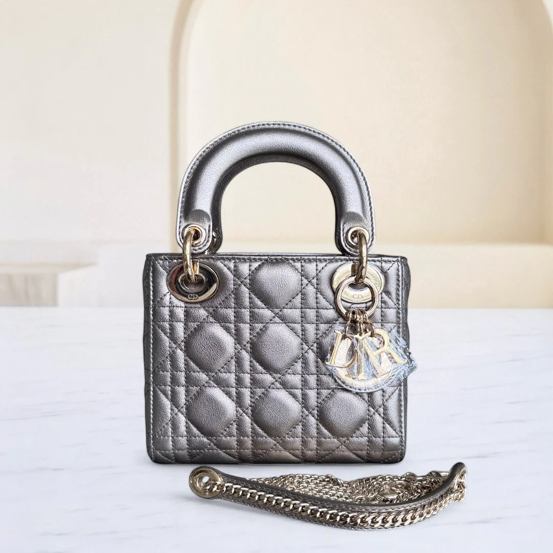 Dior Lady Mini - Cannage Calfskin Gunmetal Gold Hardware Chain Strap