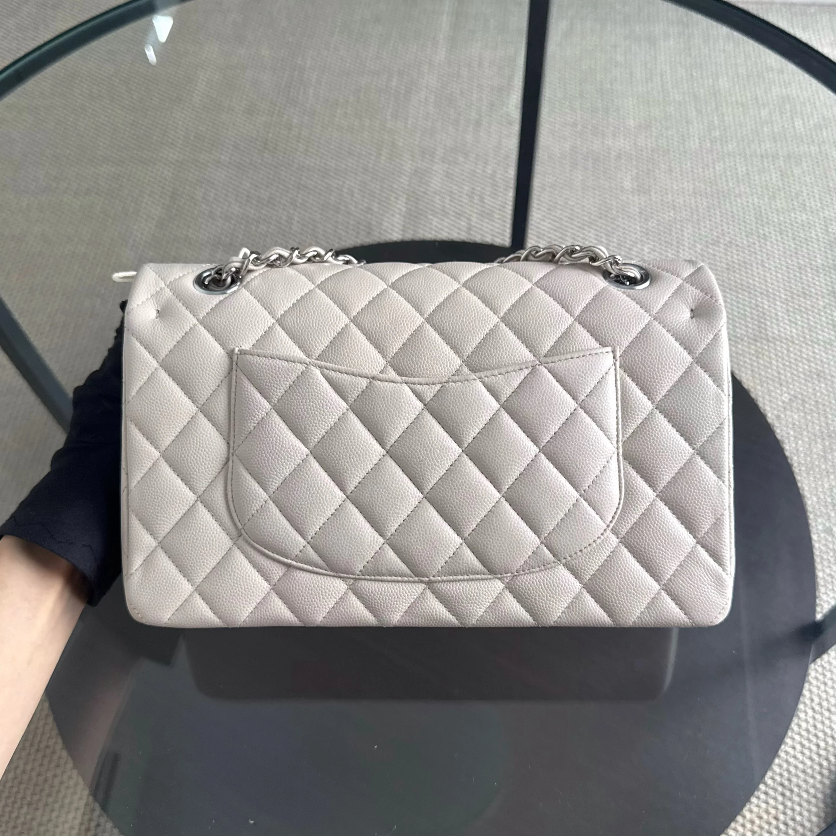 Chanel Classic Flap Medium - Caviar 25CM Quilted Double Flap Light Gray Grey Silver Hardware Series 26