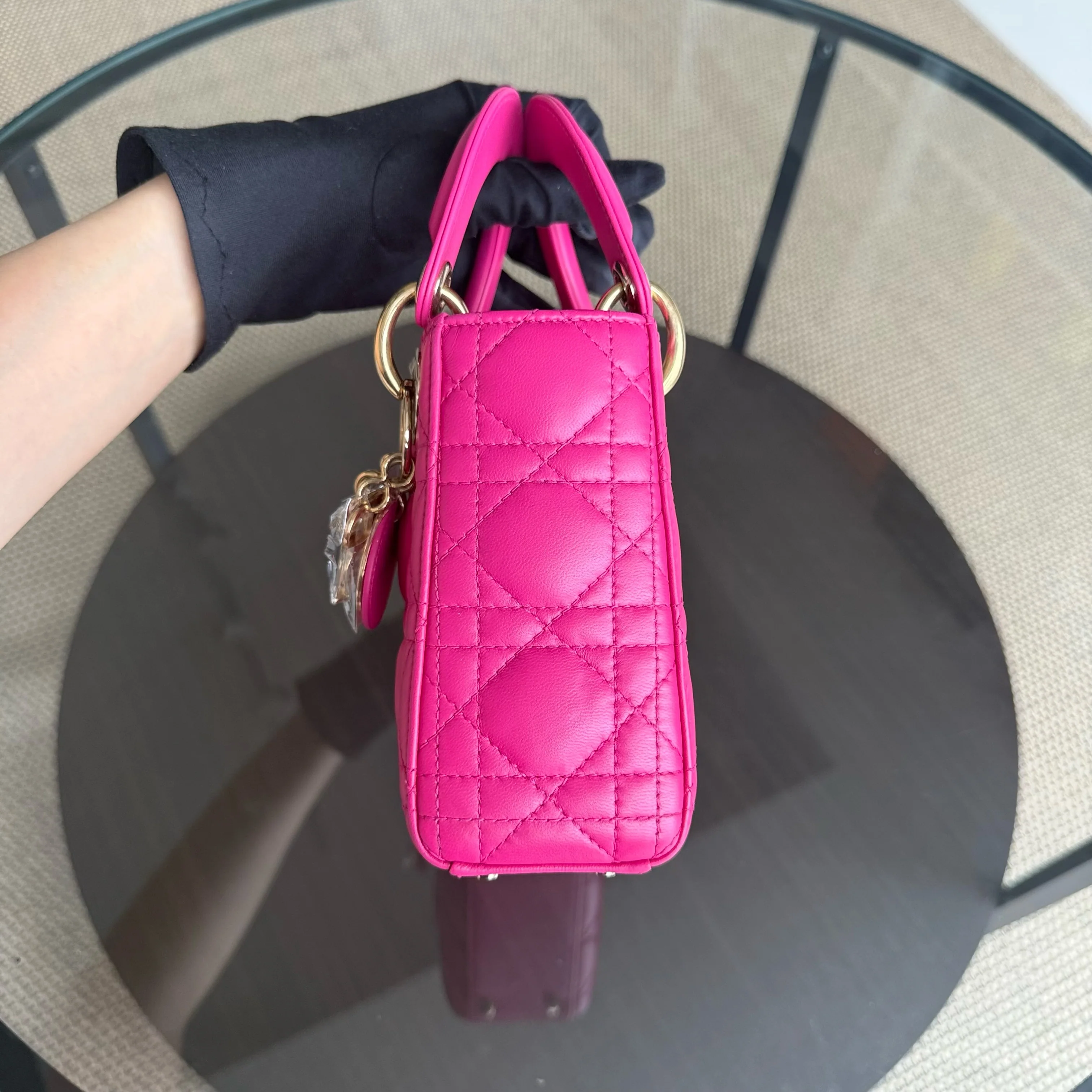 Dior Lady Mini - Cannage Lambskin Hot Pink Gold Hardware Adjustable Strap