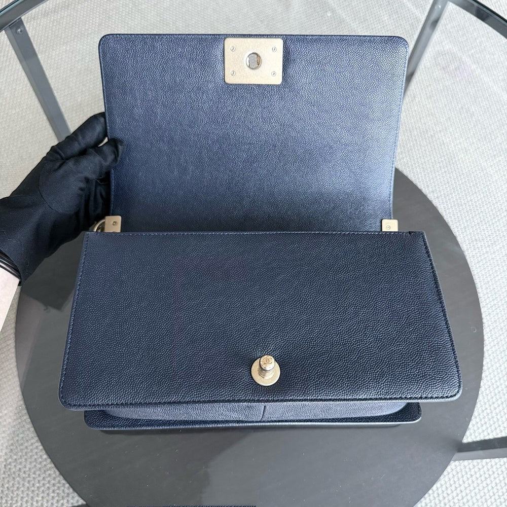 Chanel Boy Medium - Caviar 25CM Quilted Dark Blue Gold Hardware Series 25