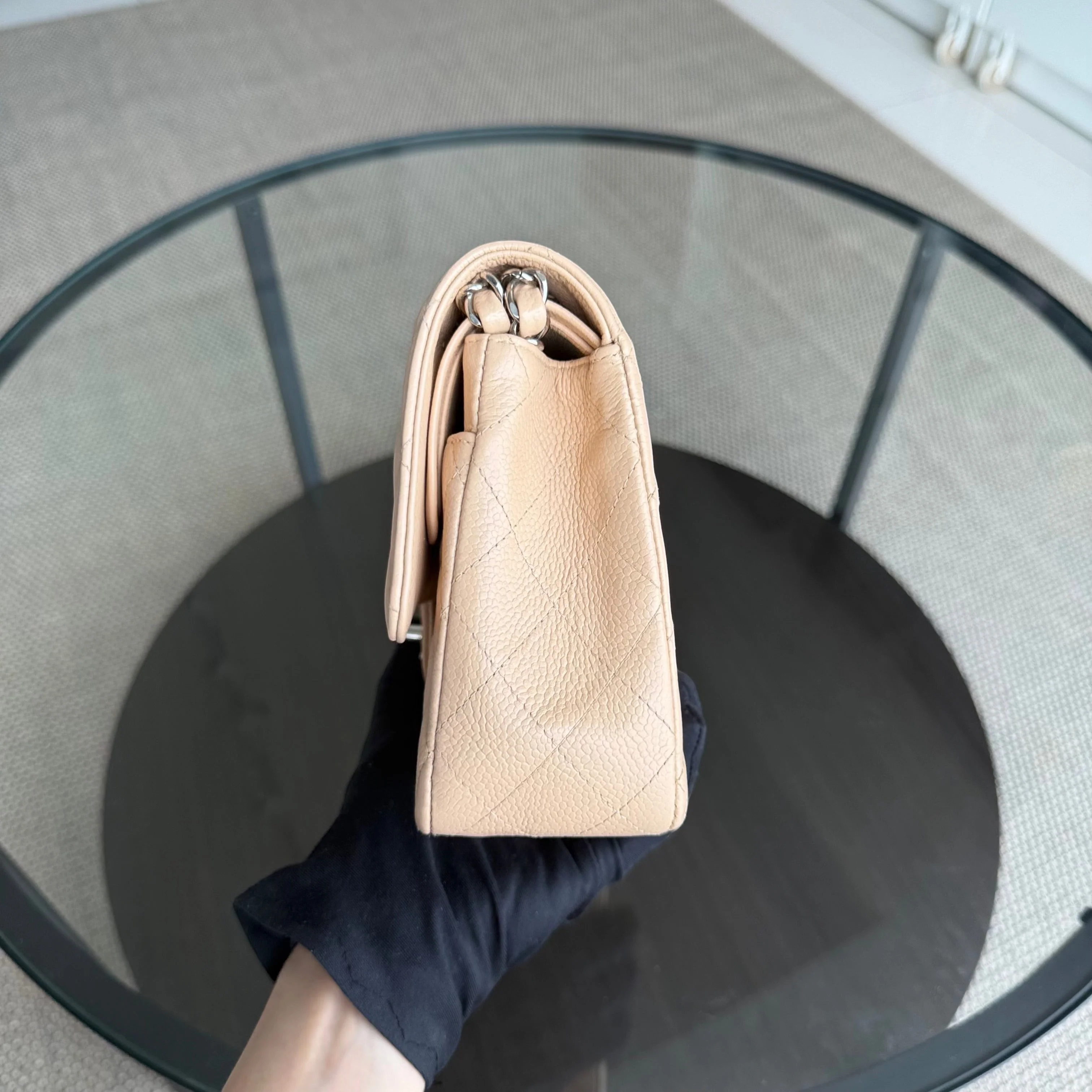 Chanel Classic Flap Medium - 25CM Quilted Caviar Beige Silver Hardware Series 12