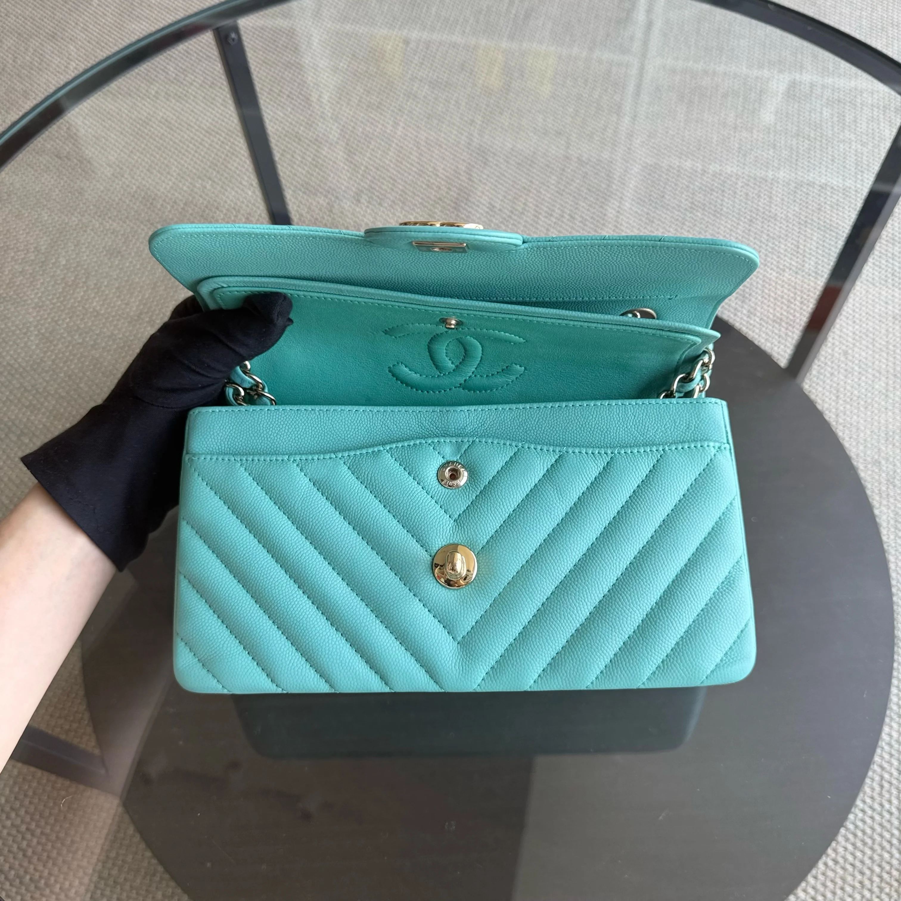 Chanel Classic Flap Small - Caviar 23CM Chevron Light Blue Tiffiny Blue Gold Hardware Series 27