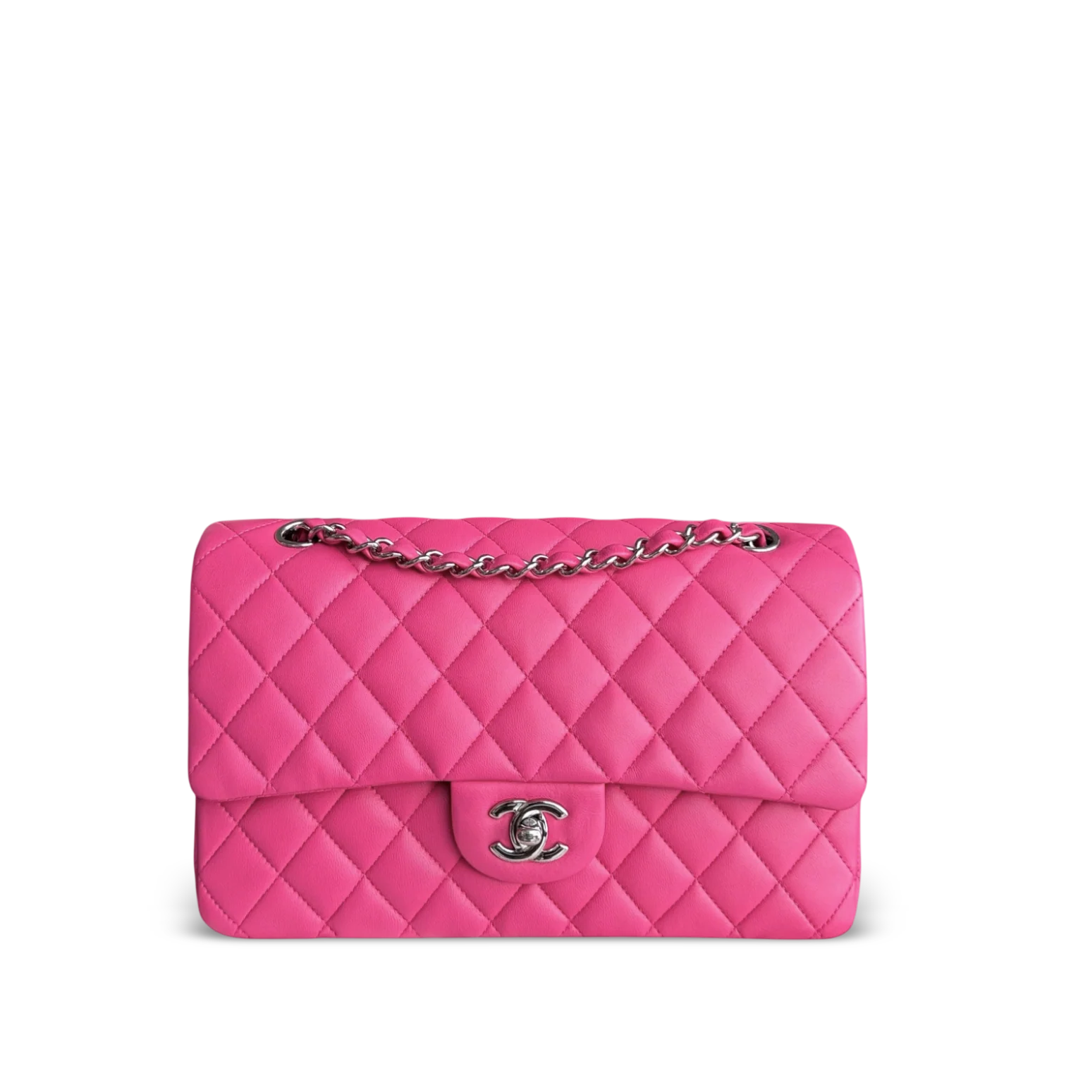 Chanel Classic Flap Medium Bag - Quilted Lambskin Hot Pink Silver Hardware Series 19