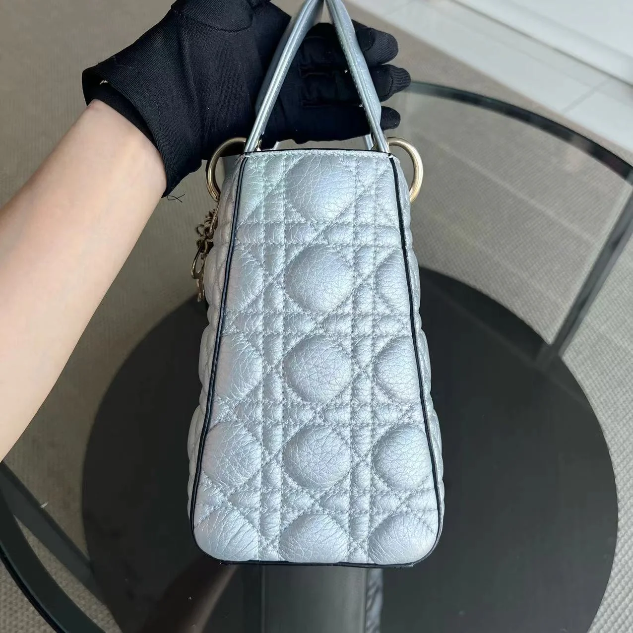 *Flap Open* Dior Lady Medium - Grained Calfskin Metallic Silver Golden Hardware