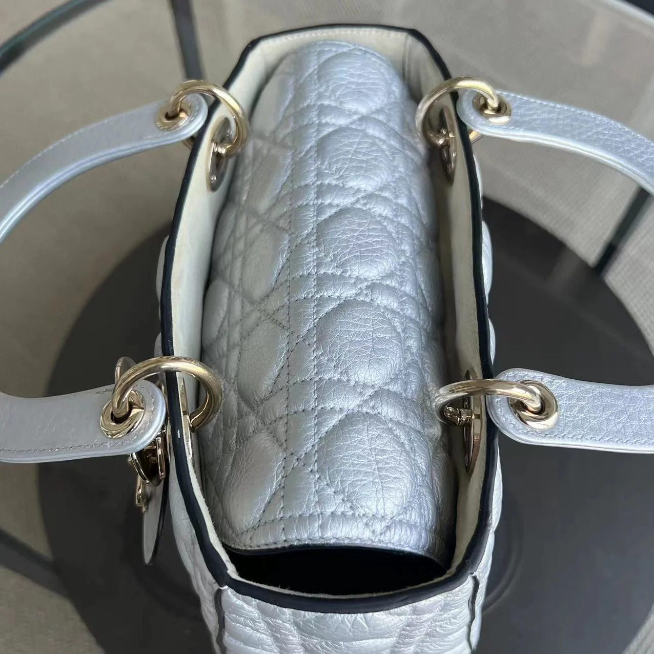 *Flap Open* Dior Lady Medium - Grained Calfskin Metallic Silver Golden Hardware