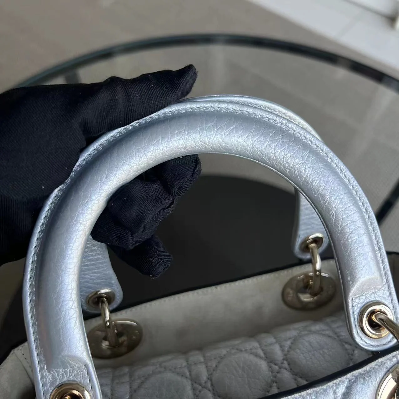 *Flap Open* Dior Lady Medium - Grained Calfskin Metallic Silver Golden Hardware