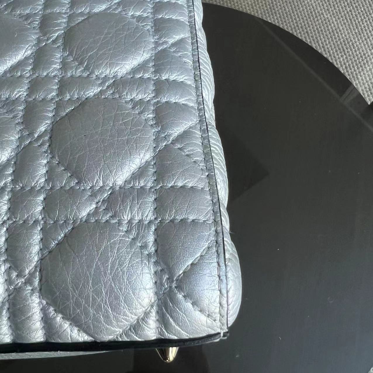 *Flap Open* Dior Lady Medium - Grained Calfskin Metallic Silver Golden Hardware