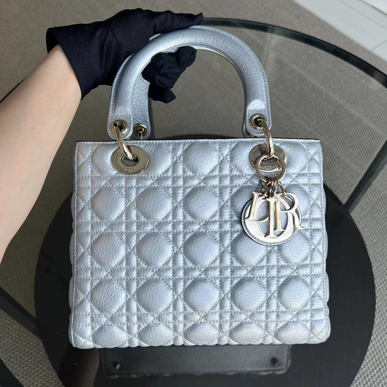*Flap Open* Dior Lady Medium - Grained Calfskin Metallic Silver Golden Hardware