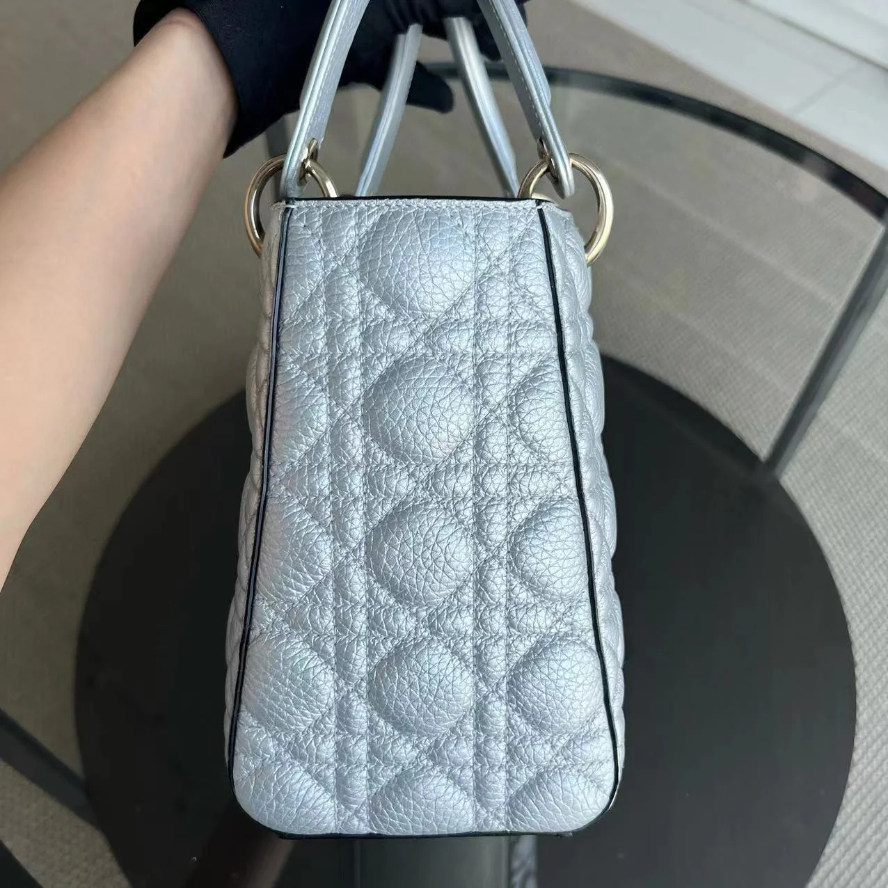 *Flap Open* Dior Lady Medium - Grained Calfskin Metallic Silver Golden Hardware