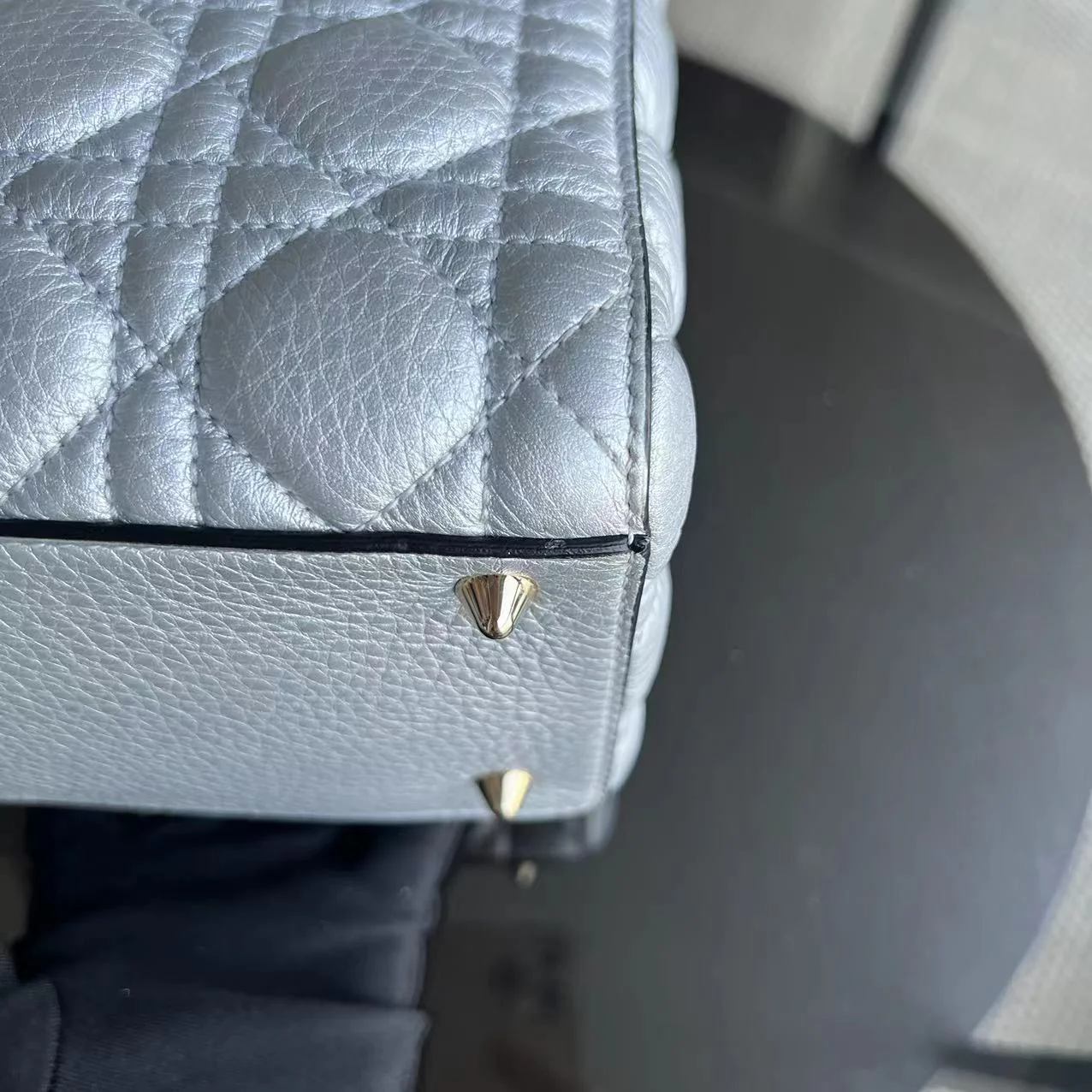 *Flap Open* Dior Lady Medium - Grained Calfskin Metallic Silver Golden Hardware