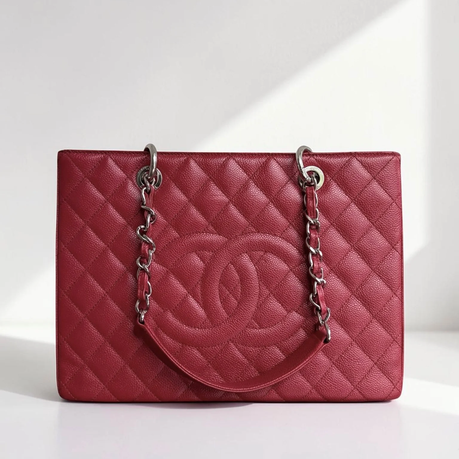 Chanel GST Grand Shopping Tote - Caviar Quilted Dark Red Silver Hardware