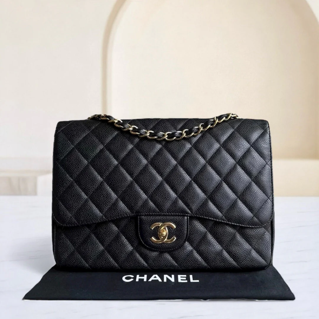 Chanel Classic Flap Maxi - Caviar 33CM Single Flap Black Gold Hardware Series 13