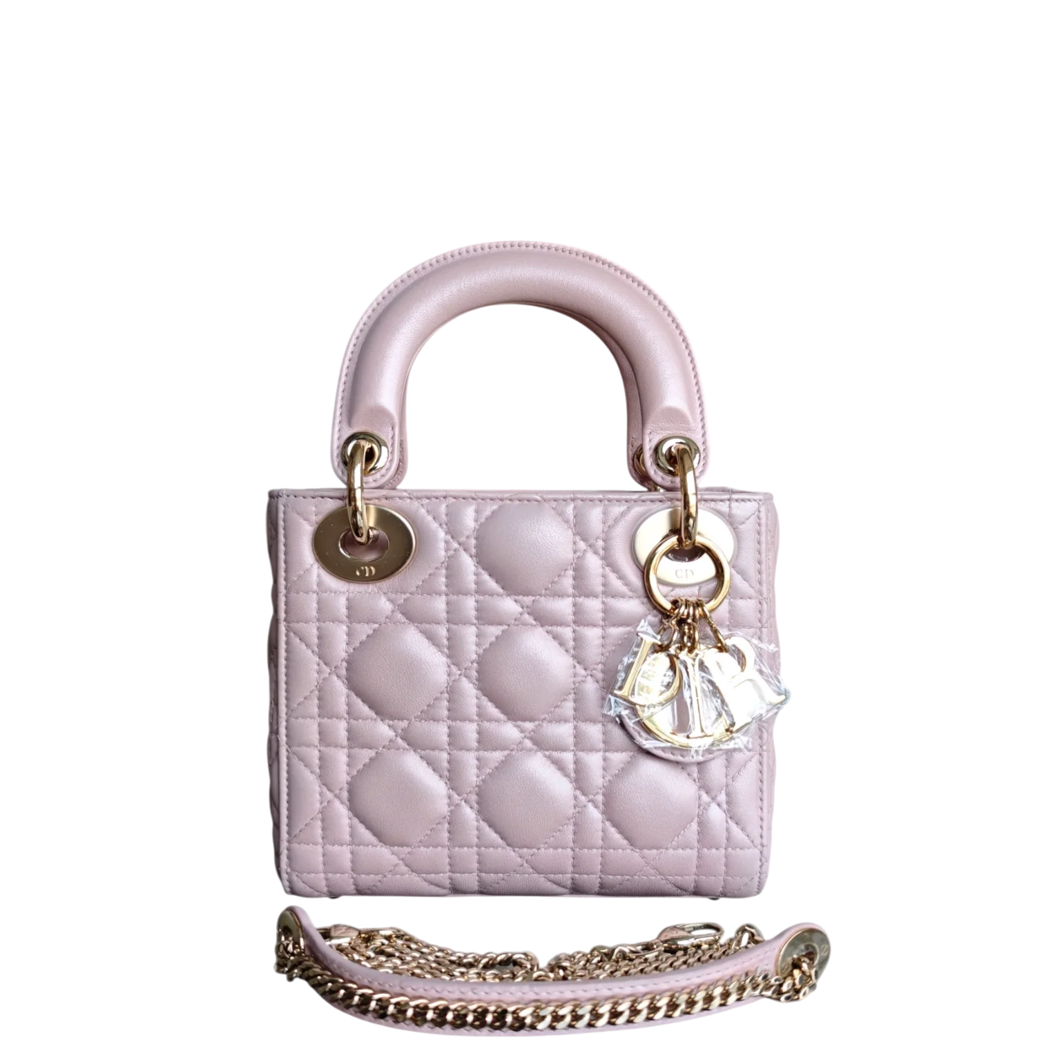 Dior Lady Mini - Cannage Lambskin Light Pink Gold Hardware Chain Strap