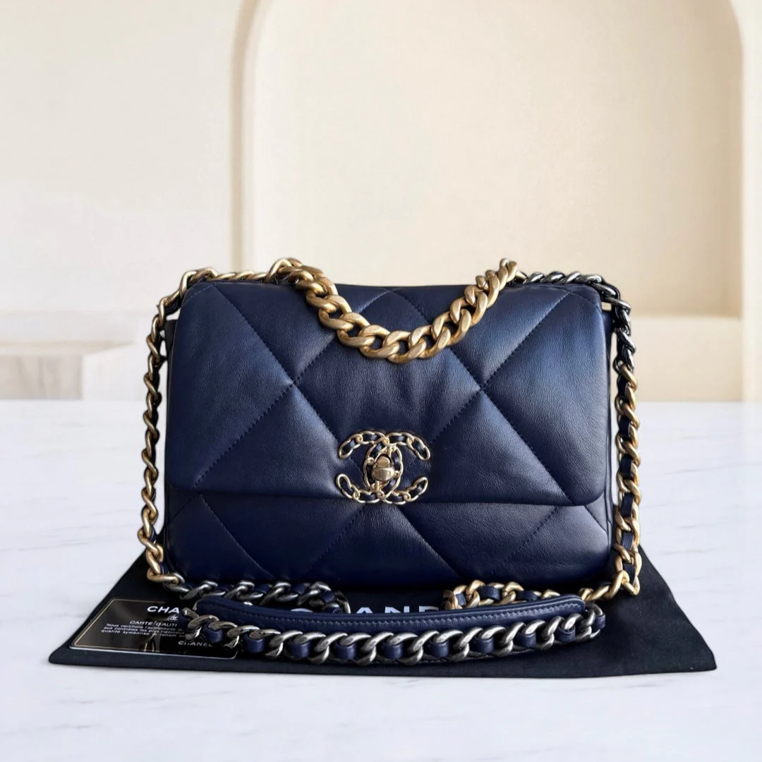 Chanel 19 Bag Small - C19 Quilted Goatskin Dark Navy Blue Two-tone Hardware Series 31