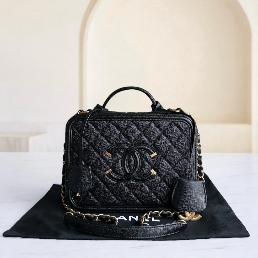 Chanel Filigree Vanity Case Medium - Caviar Quilted Grained Calfskin Black Gold Hardware Series 27