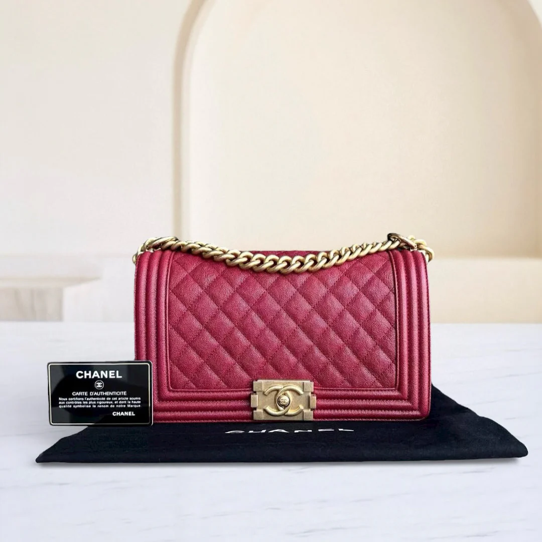 Chanel Boy Medium - Caviar 25CM Quilted Dark Red Golden Hardware Series 26