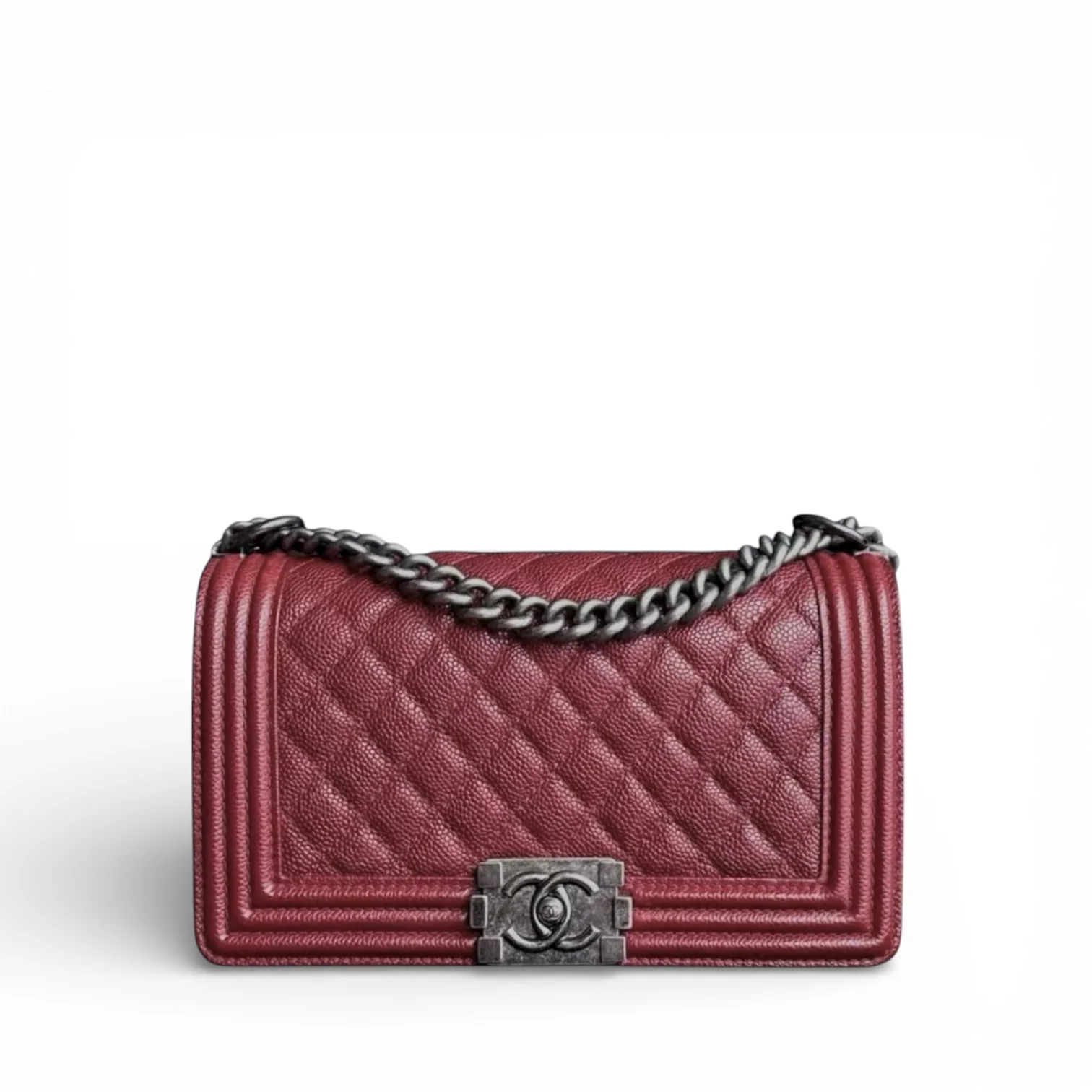 Chanel Boy Medium - Caviar 25CM Quilted Burgundy Dark Red Ruthenium Silver Hardware Series 19