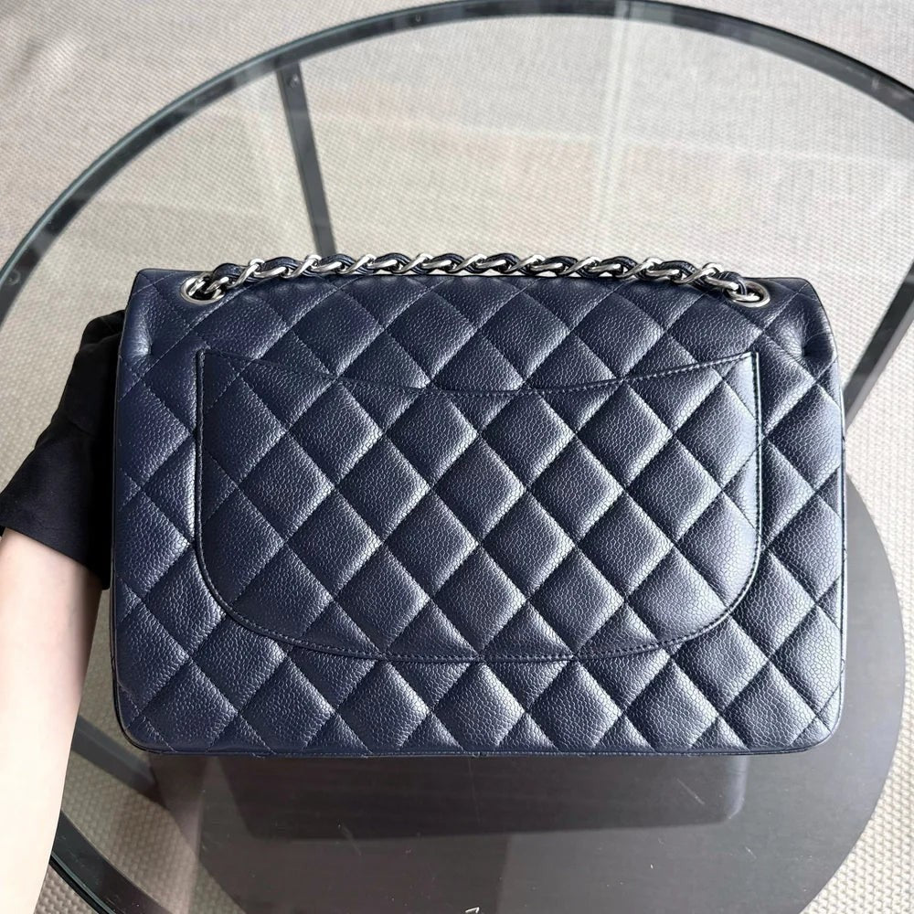 Chanel Classic Flap Jumbo - Caviar Double Flap 30CM Quilted Grained Calfskin Dark Navy Blue Silver Hardware