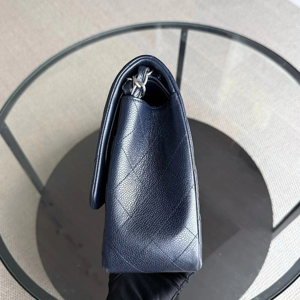 Chanel Classic Flap Jumbo - Caviar Double Flap 30CM Quilted Grained Calfskin Dark Navy Blue Silver Hardware