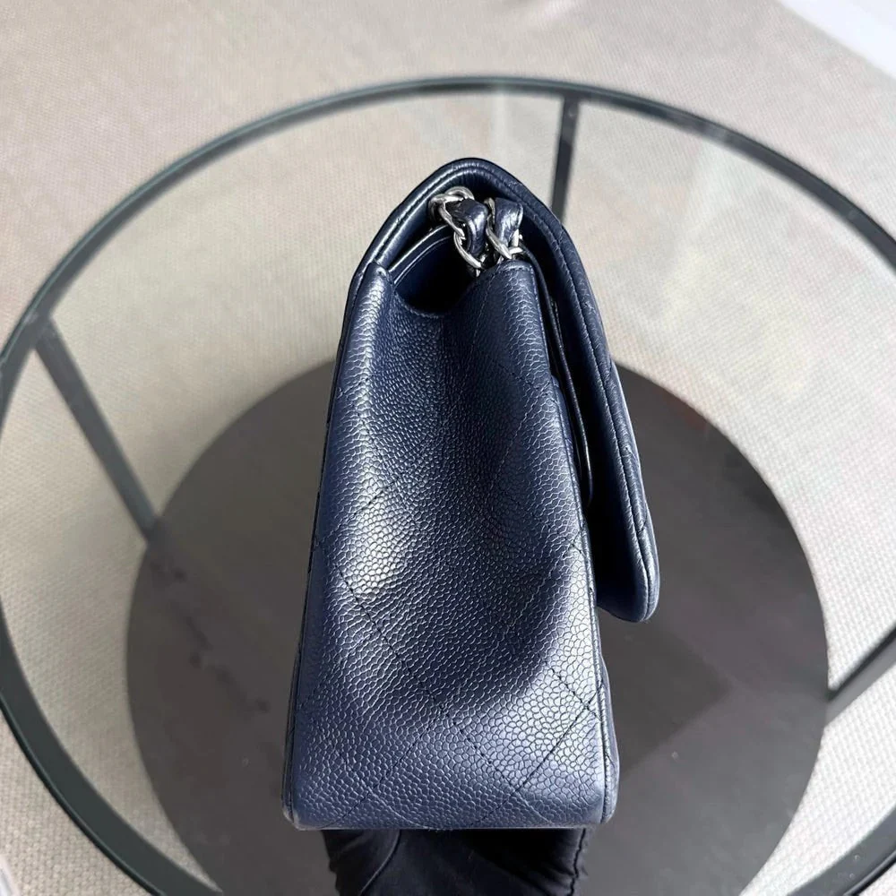 Chanel Classic Flap Jumbo - Caviar Double Flap 30CM Quilted Grained Calfskin Dark Navy Blue Silver Hardware